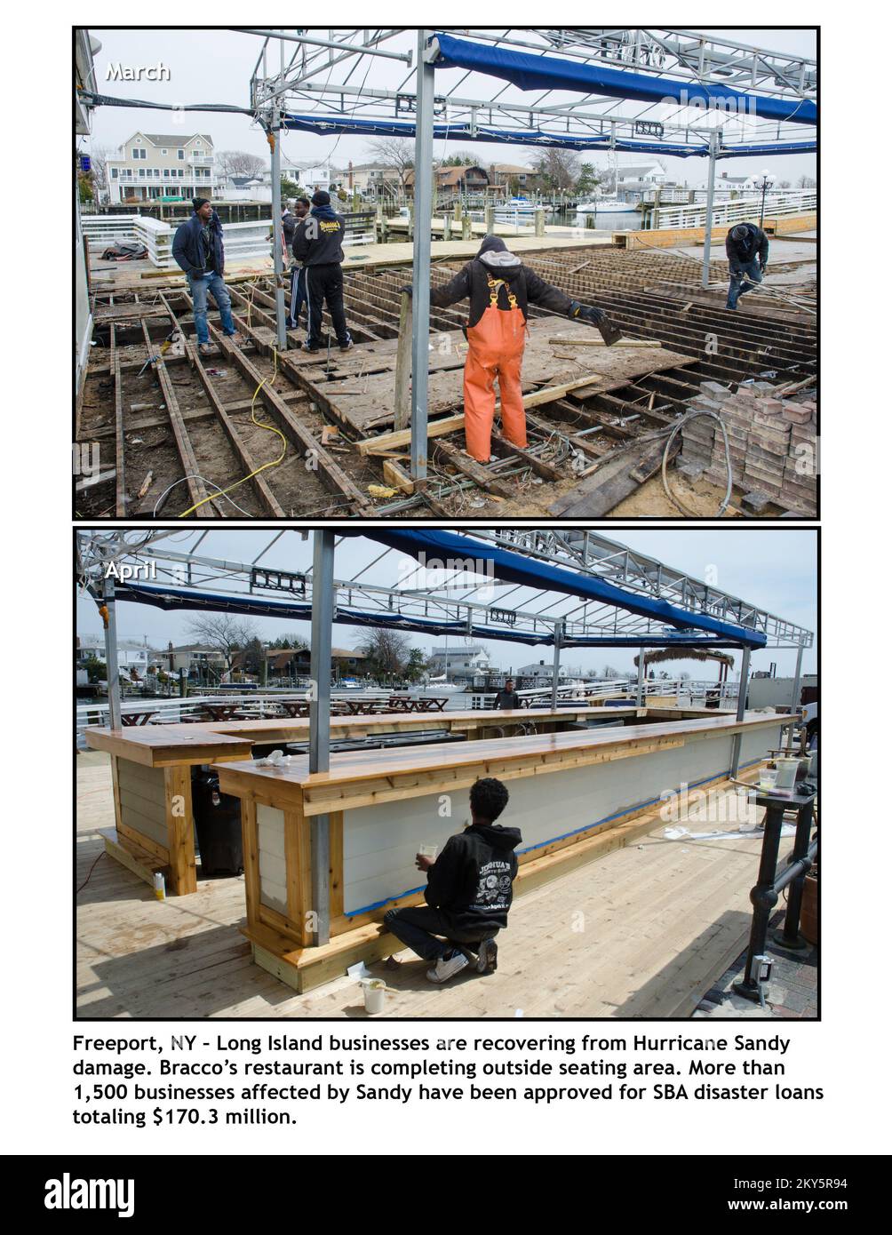 Prima e dopo Freeport, NY. L'uragano Sandy di New York. Fotografie relative a disastri e programmi, attività e funzionari di gestione delle emergenze Foto Stock