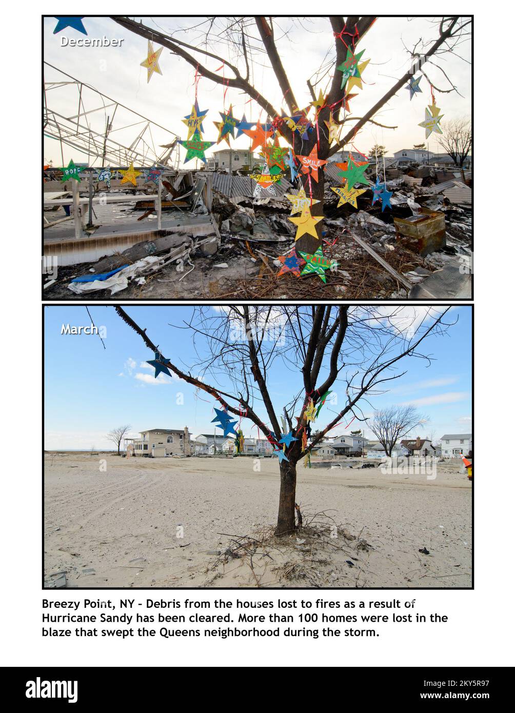 Prima e dopo Breezy Point, New York. L'uragano Sandy di New York. Fotografie relative a disastri e programmi, attività e funzionari di gestione delle emergenze Foto Stock