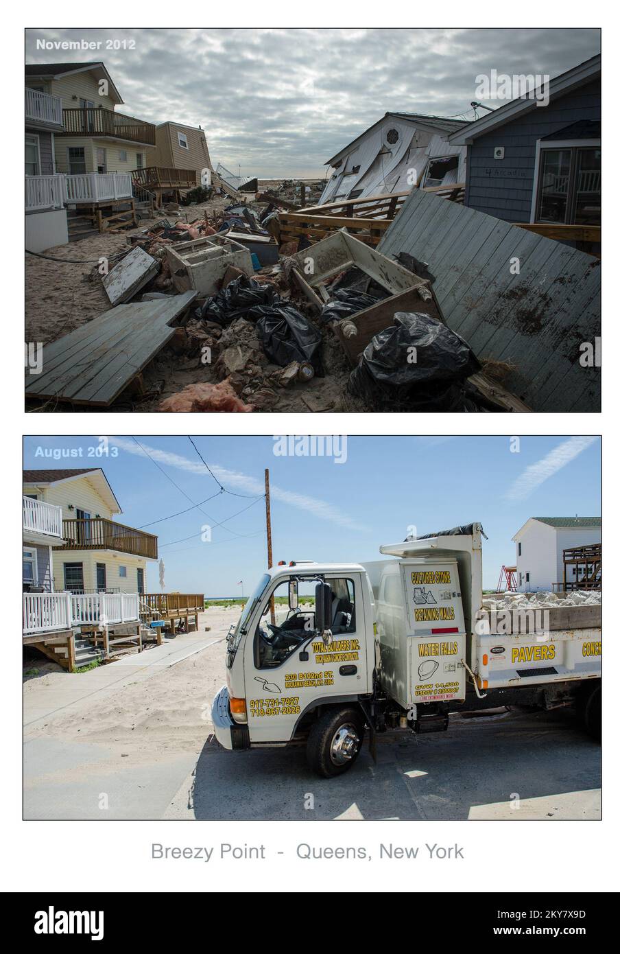 Breezy Point, N,Y., 5 agosto 2013 circa 350 delle oltre 2.800 case di Breezy Point sono state completamente distrutte dagli incendi o dalle ondate causate dall'uragano Sandy. Dieci mesi dopo Sandy, circa il 60% della comunità è tornato. K.C.WILSEY/FEMA. L'uragano Sandy di New York. Fotografie relative a disastri e programmi, attività e funzionari di gestione delle emergenze Foto Stock