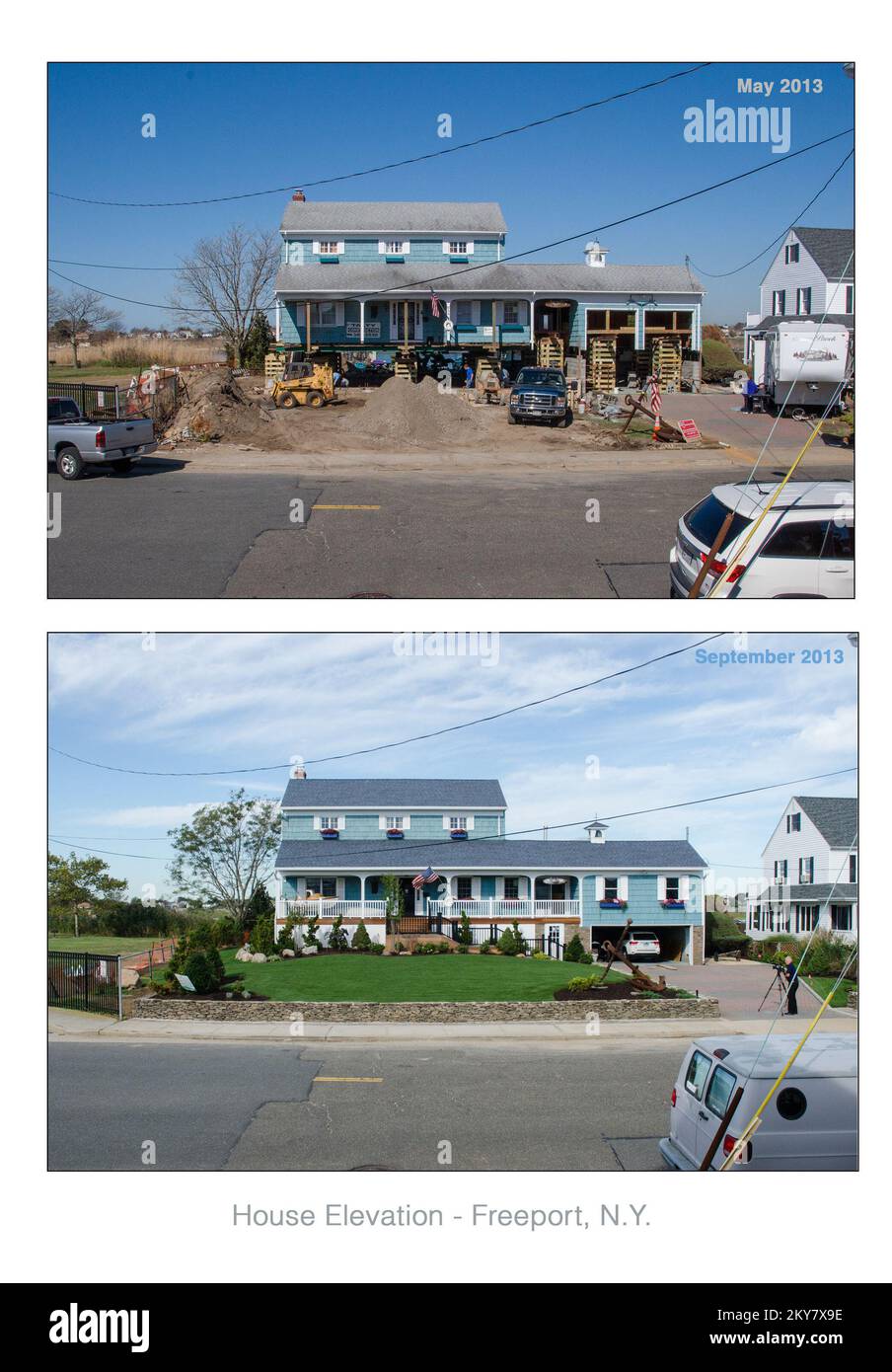 Freeport, N.Y., 6 settembre 2013 dopo l'ondata dell'uragano Sandy inondò la loro casa con cinque piedi d'acqua, i proprietari decisero di elevare la loro casa. K.C.WILSEY/FEMA. L'uragano Sandy di New York. Fotografie relative a disastri e programmi, attività e funzionari di gestione delle emergenze Foto Stock