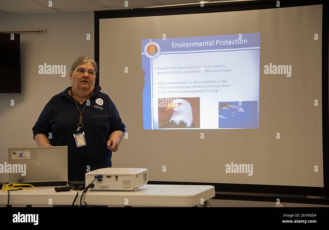 Union Springs, Ala., 13 giugno 2014 Billie Jean Jacobs, uno specialista ambientale FEMA discute i vari programmi offerti dalla FEMA ai candidati che lavorano su sovvenzioni di assistenza pubblica. La FEMA sta collaborando con enti locali, statali e federali per fornire assistenza alle contee e ai governi locali colpiti da recenti tempeste. Alabama forti tempeste, tornado, venti in linea retta, e alluvioni. Fotografie relative a disastri e programmi, attività e funzionari di gestione delle emergenze Foto Stock