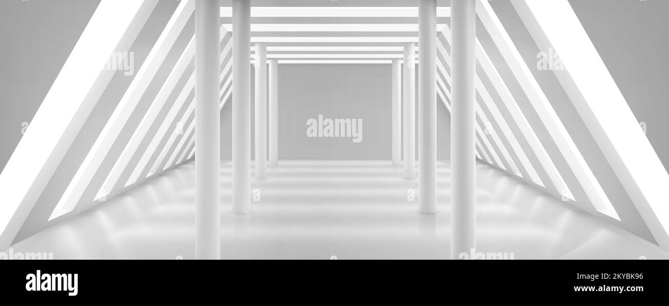 Interno bianco open space con colonne e grandi finestre sul tetto e sulle pareti. Architettura futuristica design di galleria d'arte moderna sul tetto, museo, ufficio, appartamento. Rappresentazione vettoriale realistica Illustrazione Vettoriale
