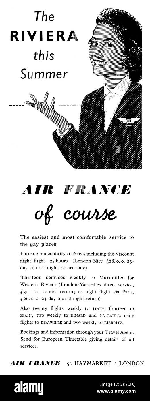 1955 Pubblicità britannica per la compagnia aerea Air France. Foto Stock