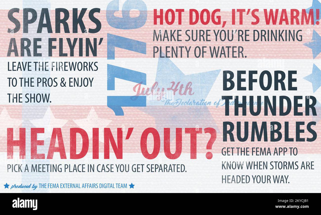 Un grafico a tema del quarto luglio con suggerimenti di sicurezza per la vacanza. Un grafico a tema del quarto luglio con suggerimenti di sicurezza per la vacanza. Fotografie relative a disastri e programmi, attività e funzionari di gestione delle emergenze Foto Stock