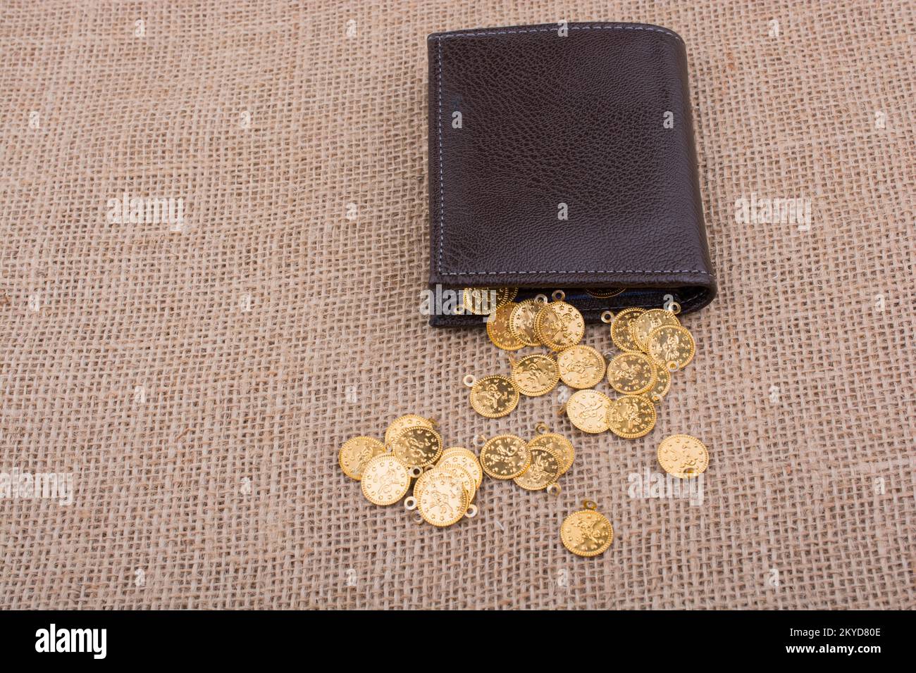 Portafoglio e abbondanza di false monete d oro su tela Foto Stock