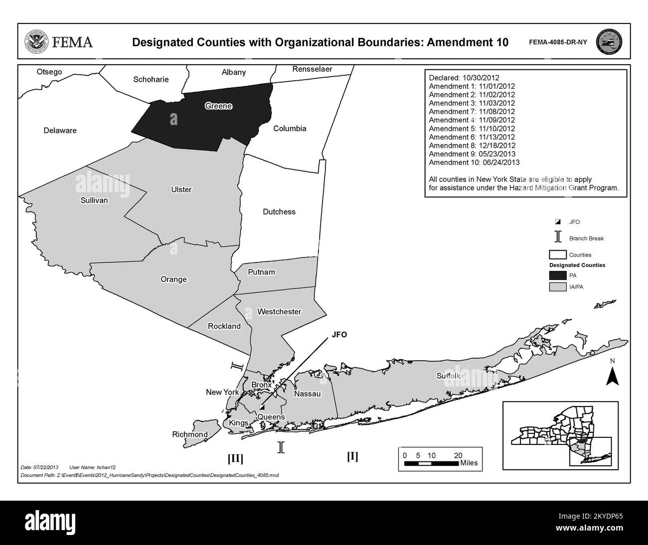 Una mappa delle 13 contee di assistenza individuali designate e delle 1 contee di assistenza pubblica designate a New York per l'uragano Sandy. Fotografie relative a disastri e programmi, attività e funzionari di gestione delle emergenze Foto Stock