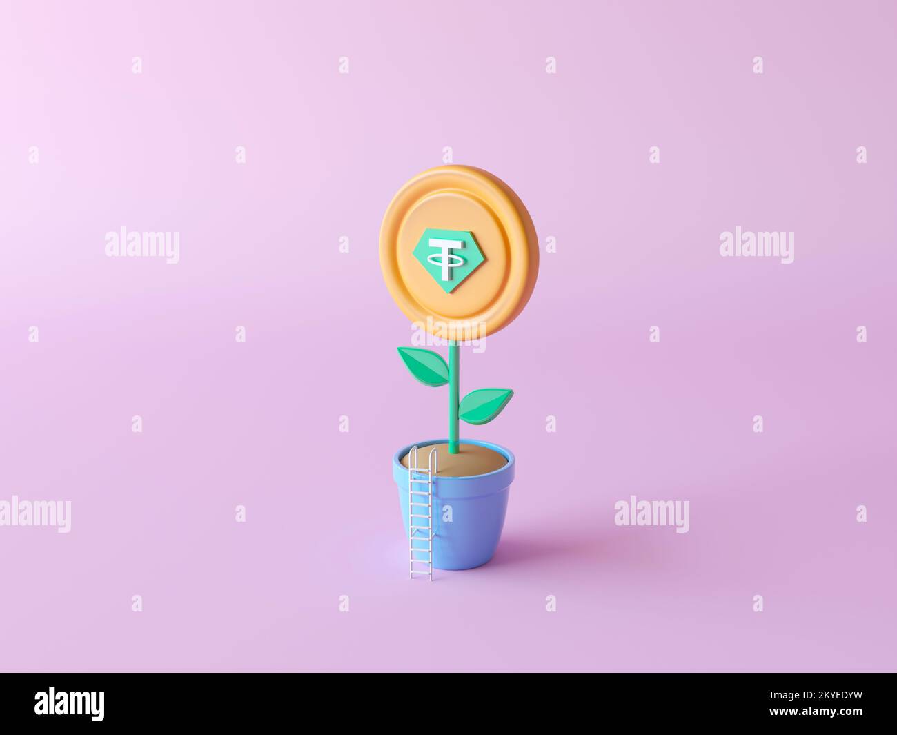 Moneta di ancoraggio USDT oro crescere come una pianta. Illustrazione del simbolo 3D. Logo Creative Tether Coin USDT. Crypto Currency crescere al concetto di luna. Albero dei soldi Foto Stock