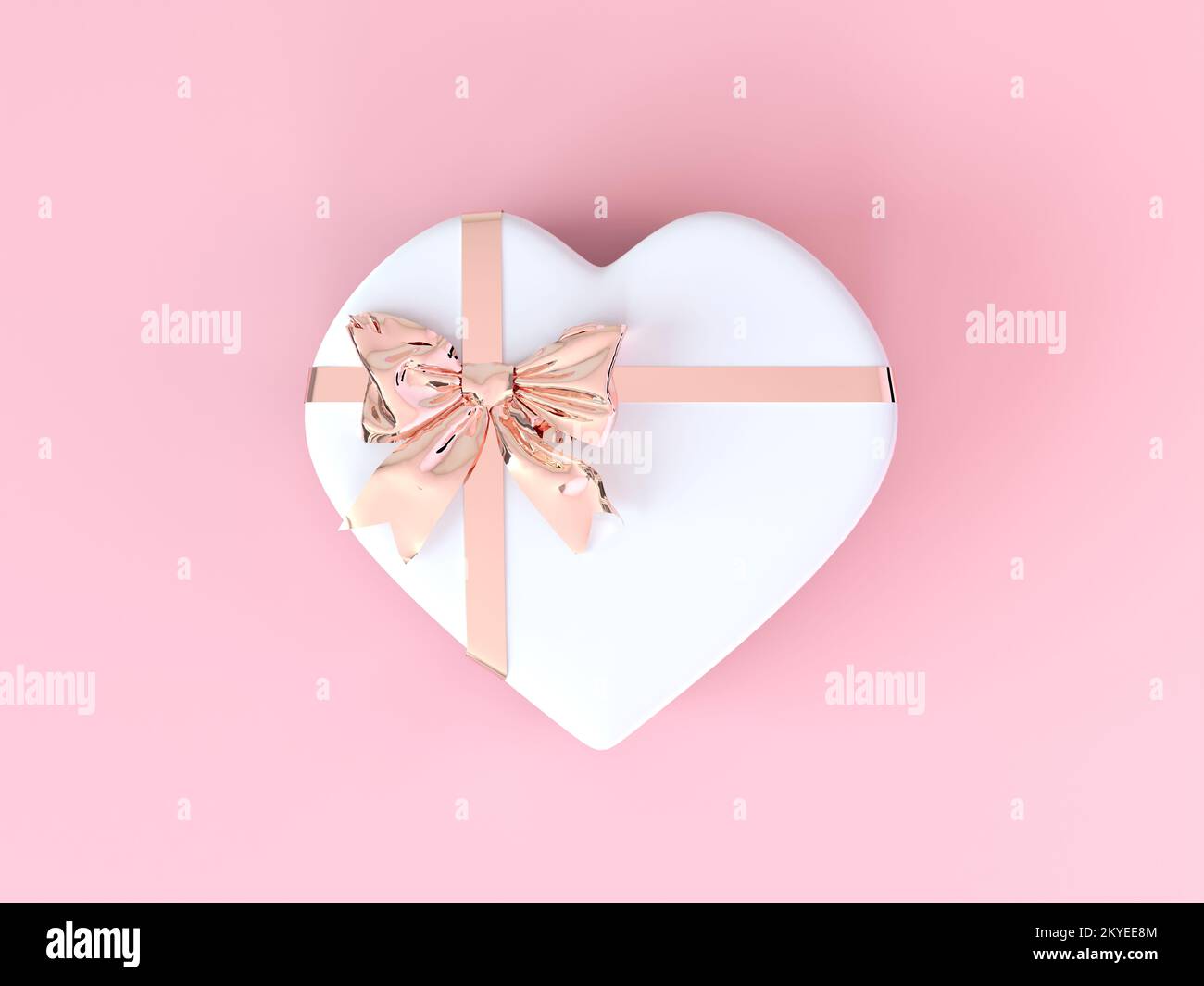 Fiocco metallico-nastro rosa cuore scatola regalo San Valentino concetto. Sfondo rosa pastello chiaro. Matrimonio, compleanno, Festa della donna, Festa della mamma, San Valentino Foto Stock