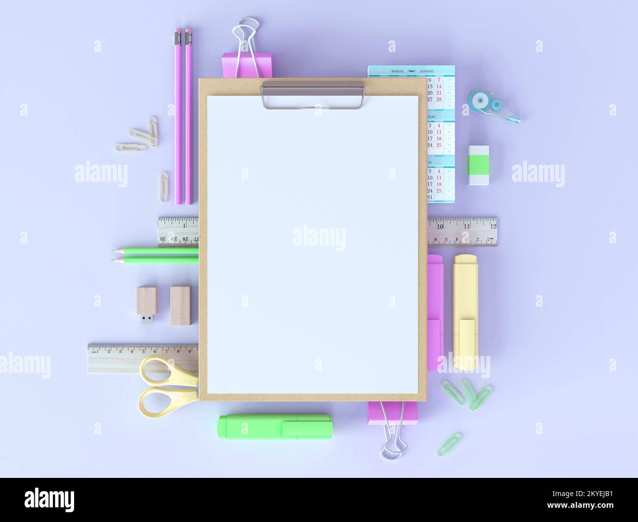 Taccuino mockup colori pastello. Notebook con forniture scolastiche, forniture per ufficio su sfondo rosa. Concetto di ritorno a scuola. Vuoto con spazio di copia Foto Stock