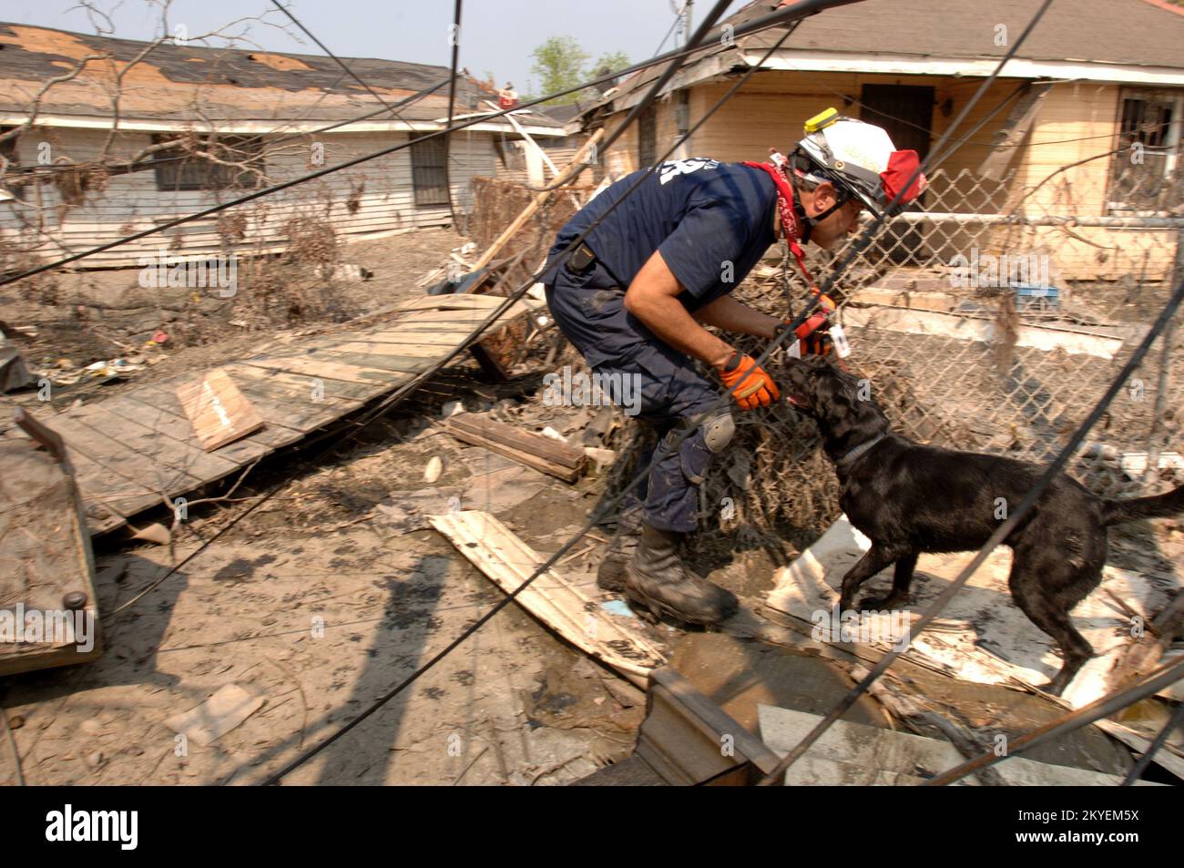 Uragano Katrina, New Orleans, LA, 19 settembre 2005 -- i membri della Task Force Ricerca e salvataggio urbano di FEMA utilizzano i loro cani di salvataggio per cercare i residenti colpiti dall'uragano Katrina. Jocelyn Augustino/FEMA Foto Stock