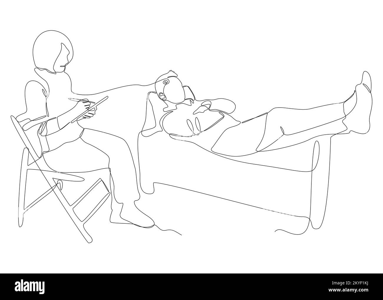 Una linea continua di psicologa Femminile con paziente in una sessione di terapia. Concetto di vettore di illustrazione a linea sottile. Disegno di contorno idee creative. Illustrazione Vettoriale