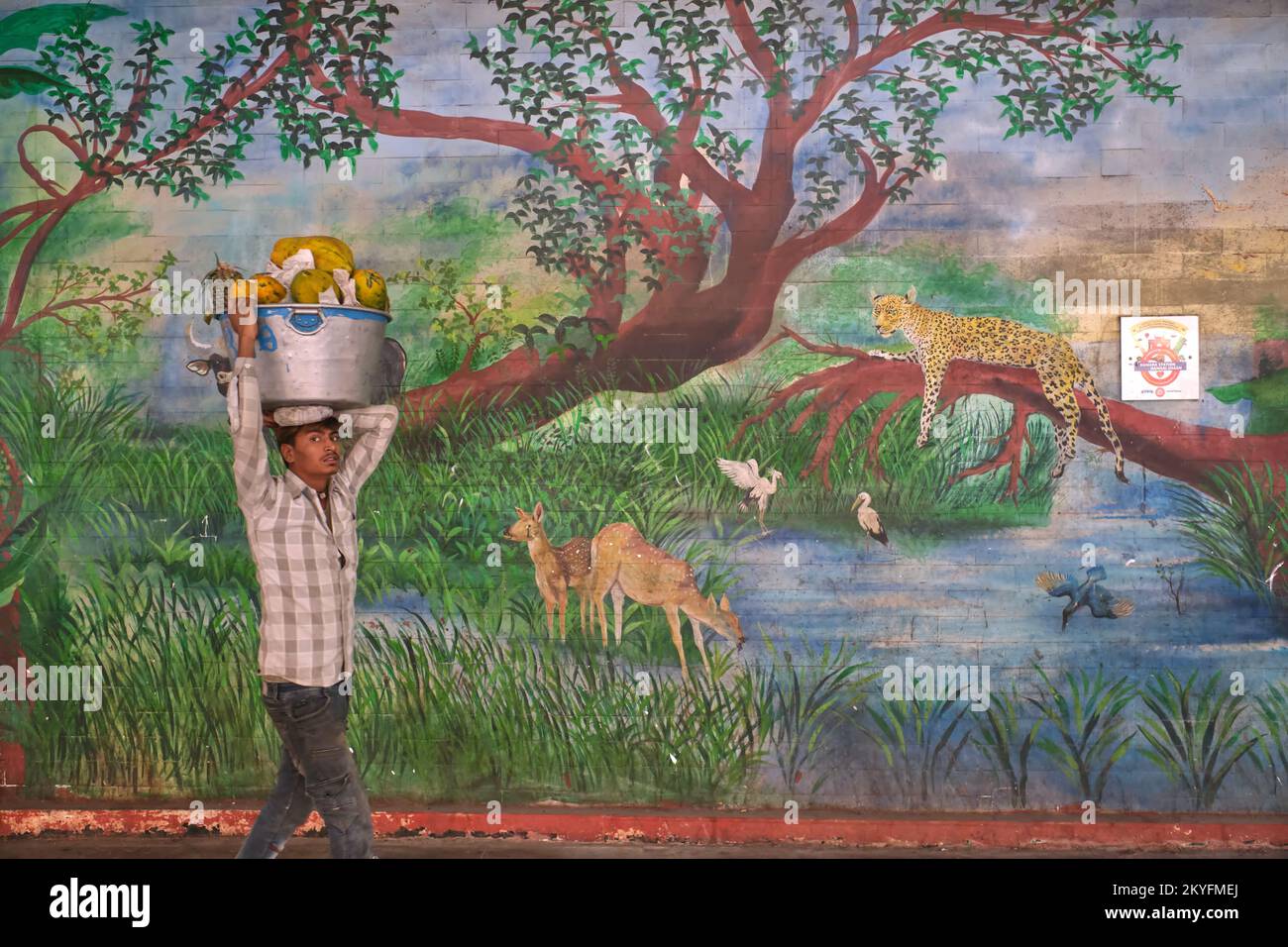 Un portiere che porta papaya sulla sua testa passando un murale raffigurante scene di fauna selvatica e un suggerimento al vicino Byculla Zoo, presso la stazione di Byculla, Mumbai, India Foto Stock