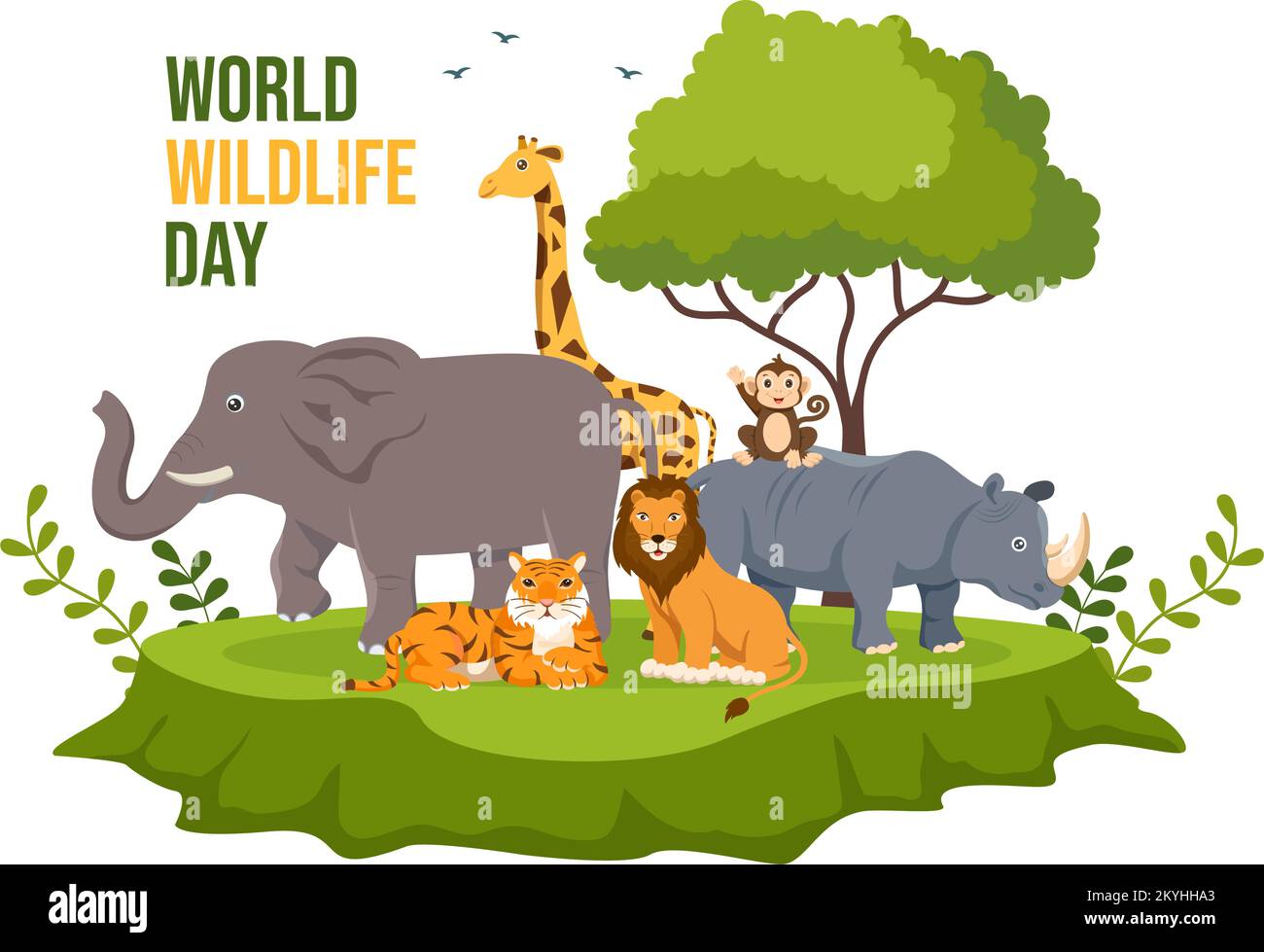 World Wildlife Day il 3rd marzo per aumentare la consapevolezza degli animali, piantare e preservare il loro habitat nella foresta in Cartoon piano modello disegnato a mano Illustrazione Illustrazione Vettoriale