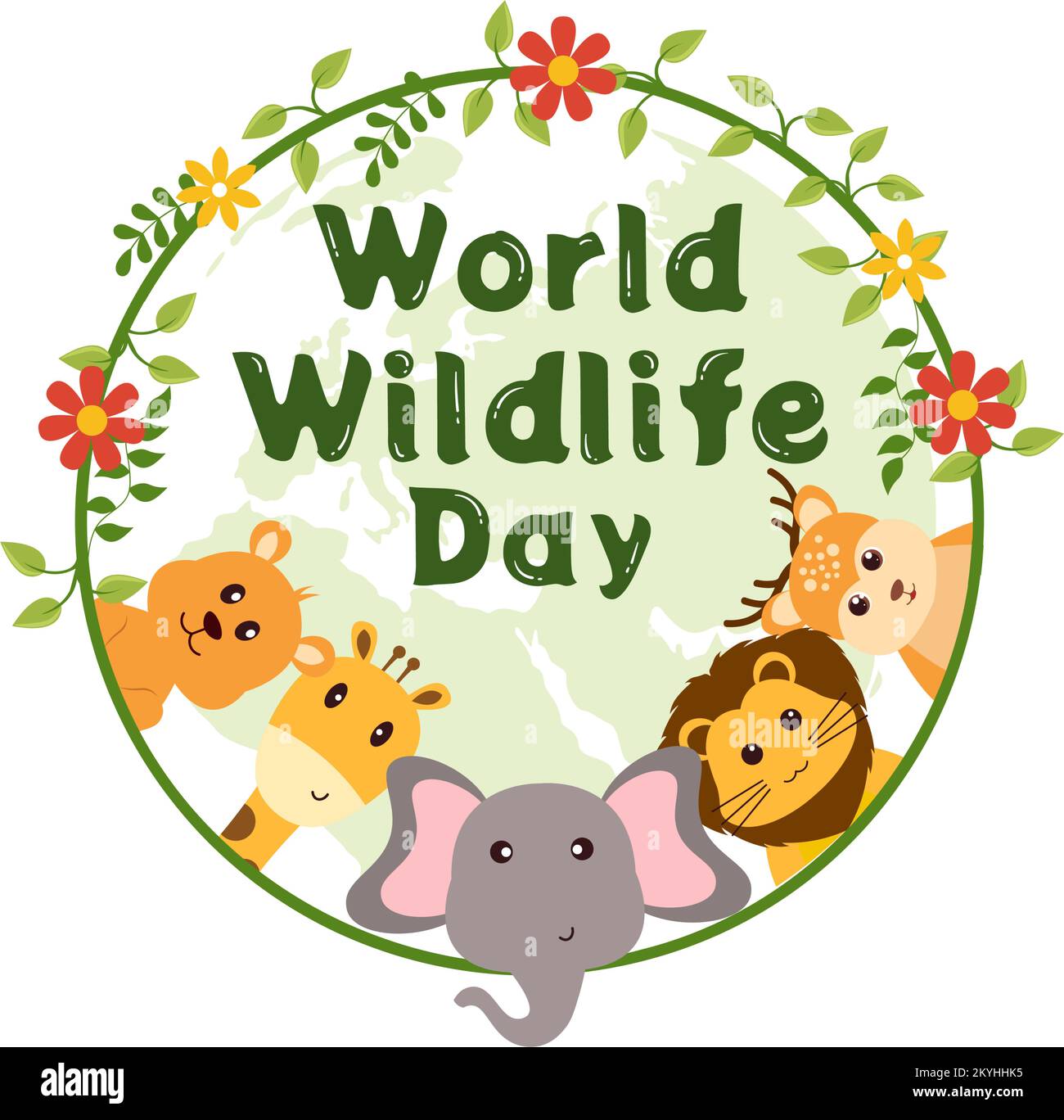World Wildlife Day il 3rd marzo per aumentare la consapevolezza degli animali, piantare e preservare il loro habitat nella foresta in Cartoon piano modello disegnato a mano Illustrazione Illustrazione Vettoriale