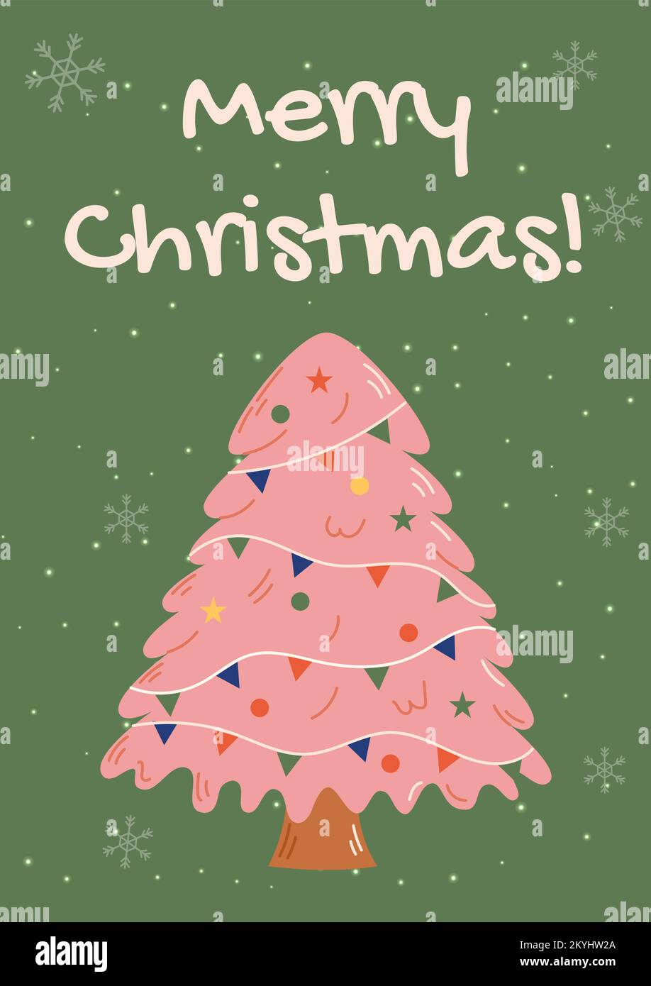 Carta di Natale groovy con albero di natale. Concetto di celebrazione di Natale e Capodanno. Ideale per biglietti d'auguri, inviti, banner, web design. Illustrazione Vettoriale