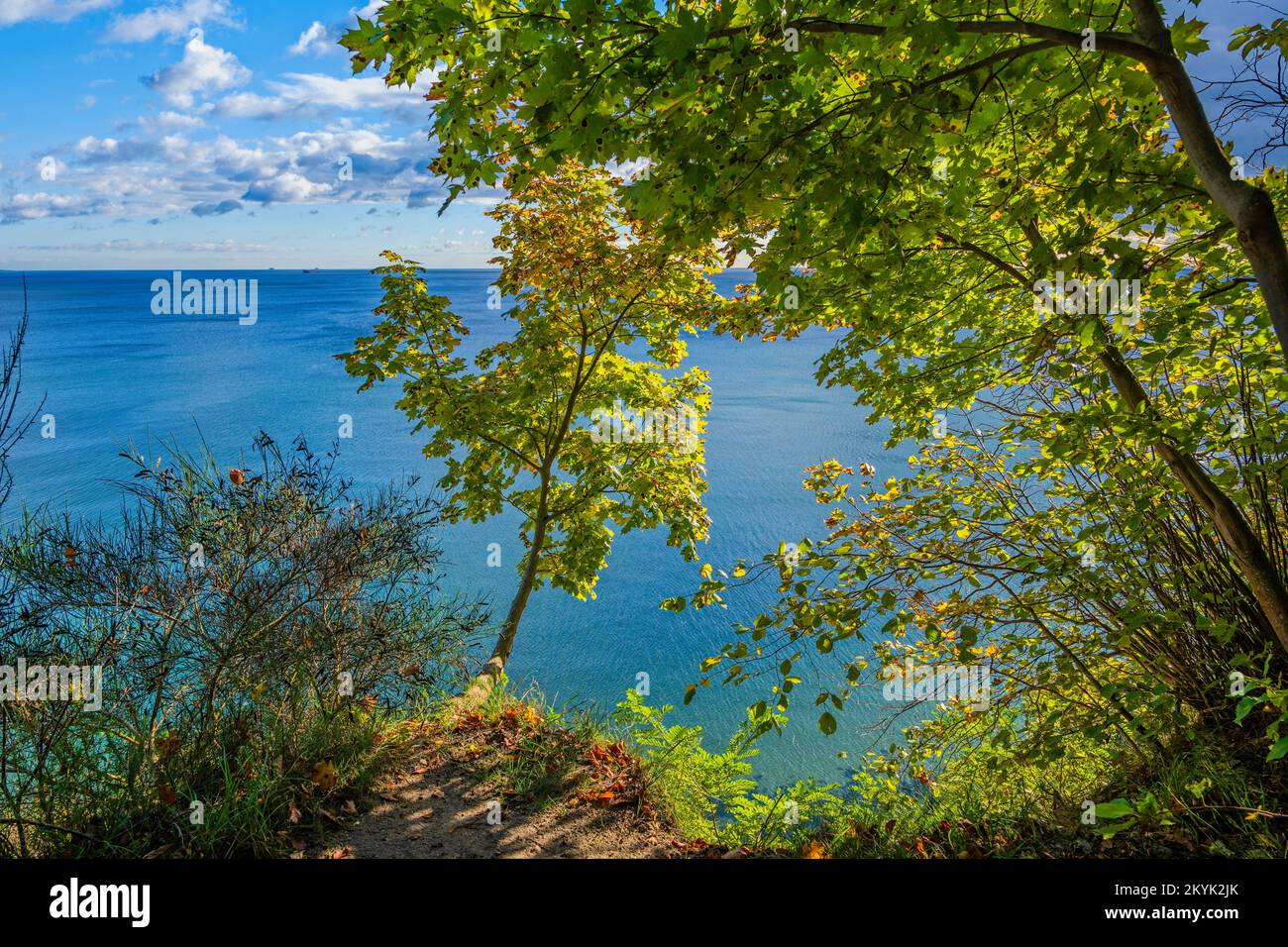 Inizio autunno sulla costa del Mar Baltico nella prima metà di ottobre. Vista dalla cima della collina attraverso il fogliame fino al mare nelle giornate di sole a Gdynia Redlowo, Polonia settentrionale Foto Stock