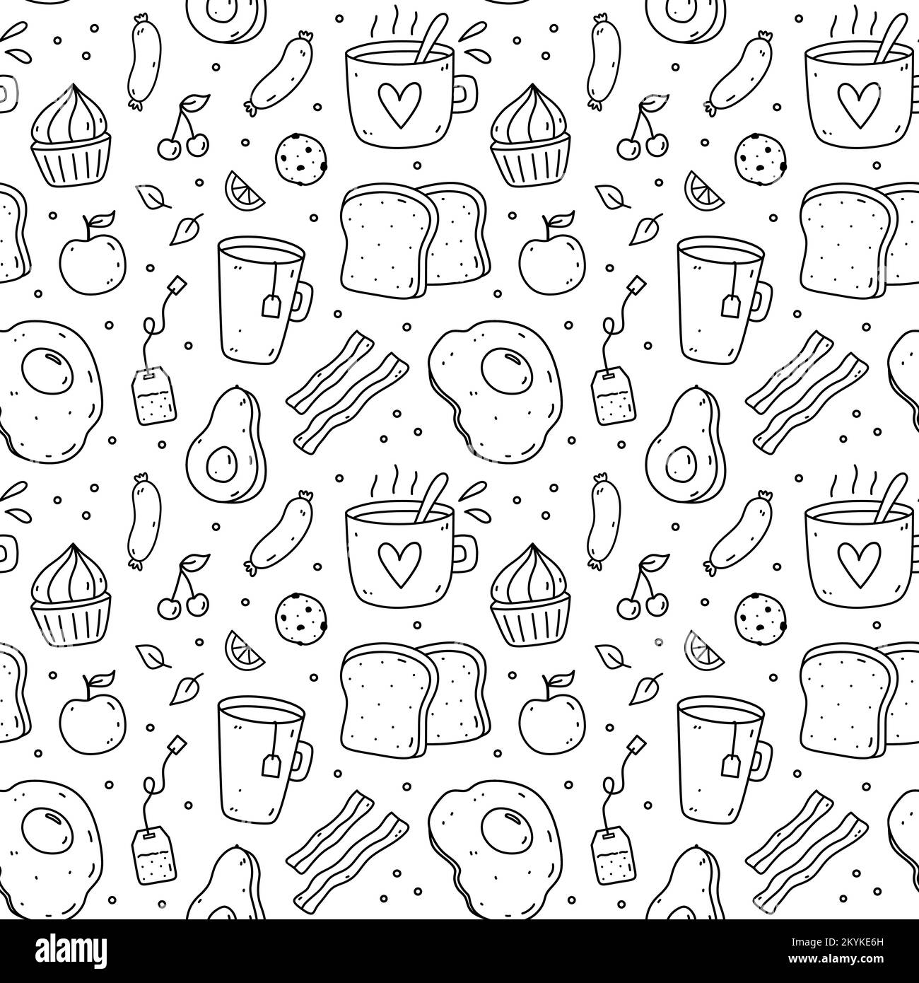 Cute senza cuciture modello con cibo per la colazione - uova fritte, pancetta, toast, salsicce, caffè, avocado, frutta. Disegno vettoriale a mano in stile doodle. Ideale per la stampa, la carta da imballaggio, lo sfondo. Illustrazione Vettoriale