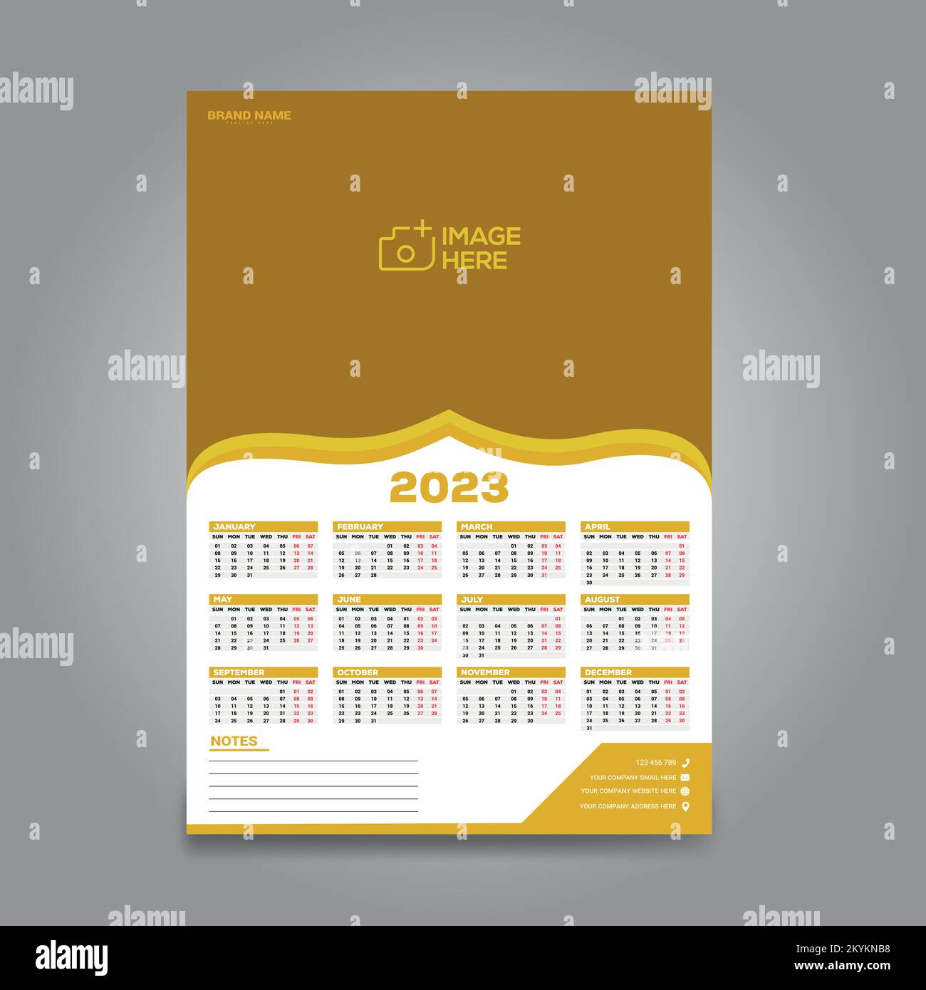 Calendario da parete di 1 pagine per 2023. Modello pronto per la stampa di disegni vettoriali. Illustrazione Vettoriale