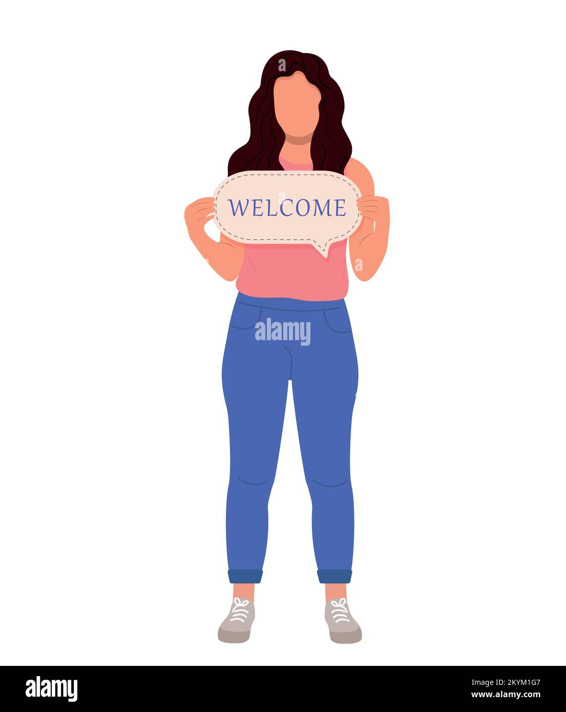 Donna allegra con un cartello di benvenuto e sorridente mentre si è in piedi. Prego. Illustrazione vettoriale grafica piatta isolata su sfondo bianco Illustrazione Vettoriale