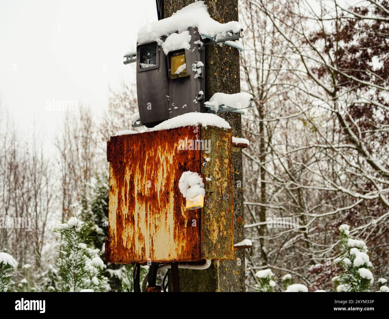 Scatola trasformatore elettrico nel parco su un palo chiuso con un lucchetto coperto di neve Foto Stock