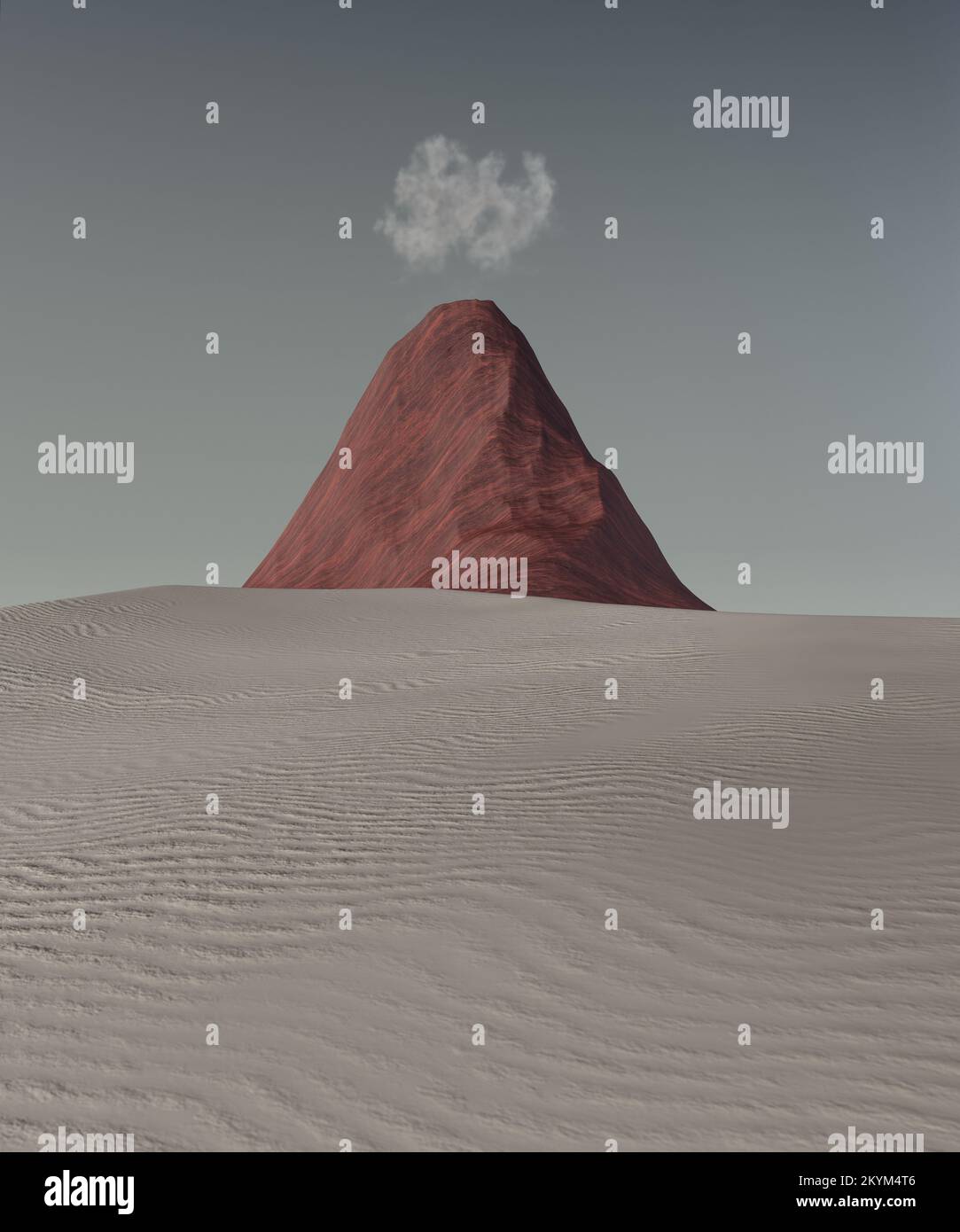 Montagna rossa nel deserto con dune. Fantascienza mistica surreale in un paesaggio da sogno. Sfondo fantastico con copyspace. Sfondo esterno. rendering 3d, Foto Stock