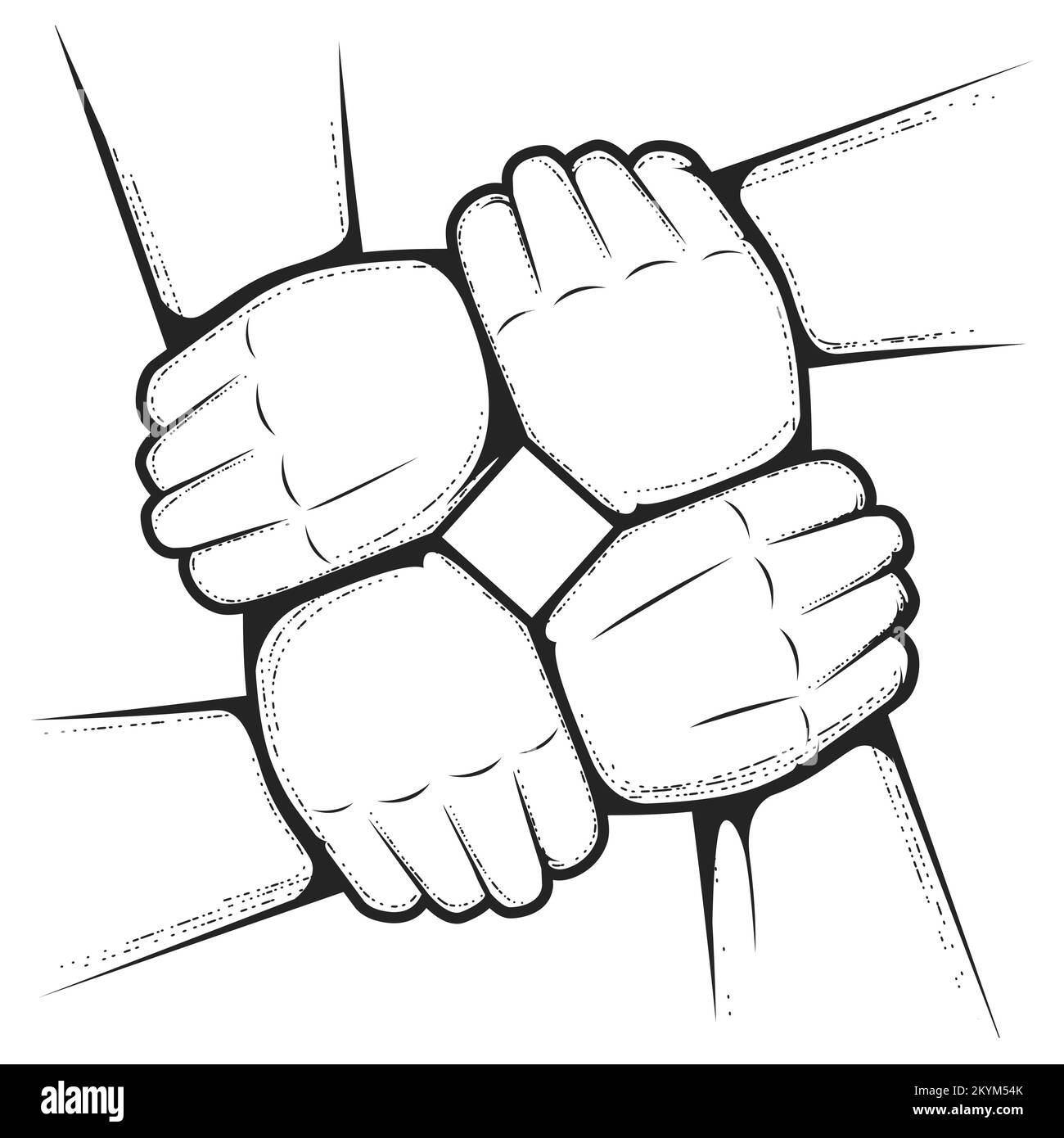 Quattro mani si tengono al polso, uniscono le mani, il lavoro di squadra e il concetto di amicizia, vettore Illustrazione Vettoriale