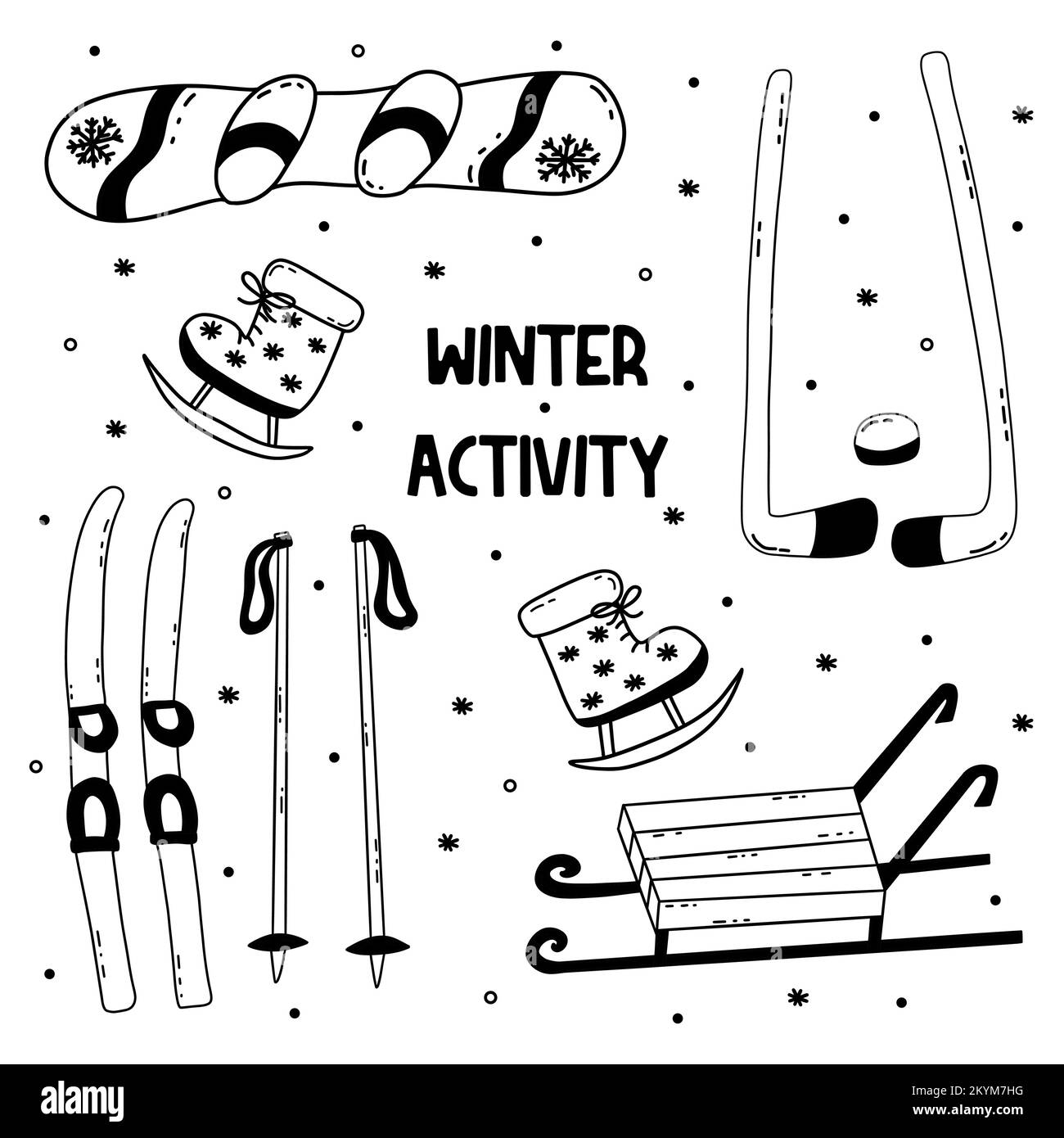 Set di attrezzature per sport invernali per attività all'aperto. Sci e slitte, snowboard e pattinaggio su ghiaccio, puck e bastoni da hockey. Isolamento vettoriale bianco e nero Illustrazione Vettoriale