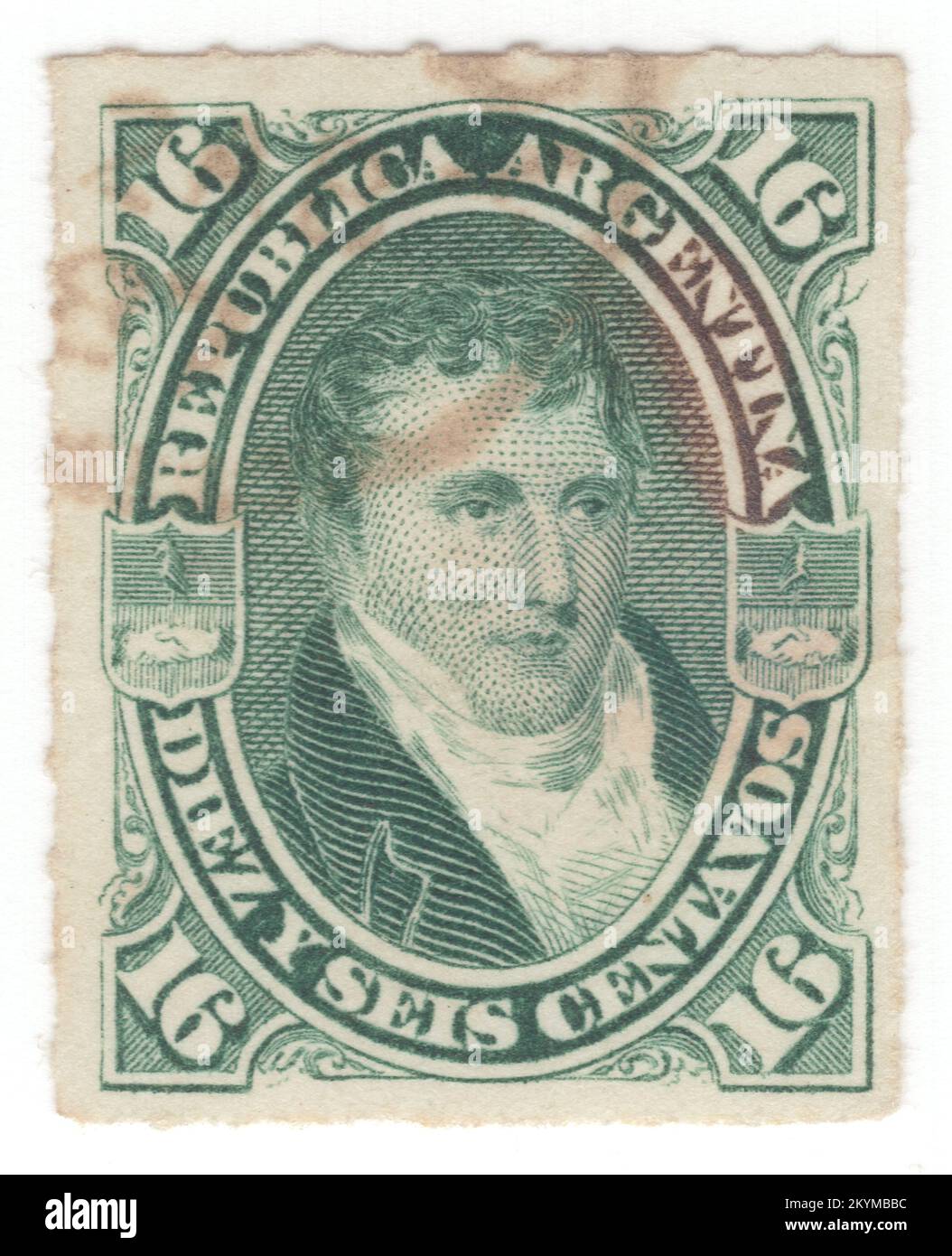 ARGENTINA - 1877: 16 centavos francobollo verde raffigurante il ritratto di Manuel José Joaquín del Corazón de Jesús Belgrano y González, di solito chiamato Manuel Belgrano, è stato un funzionario pubblico argentino, economista, avvocato, politico, giornalista, e leader militare. Prese parte alle guerre d'indipendenza argentine e creò la bandiera argentina. È considerato uno dei principali Padri fondatori del Paese. Belgrano è nato a Buenos Aires, il quarto figlio dell'imprenditore italiano Domingo Belgrano y Peri e María Josefa González Casero Foto Stock