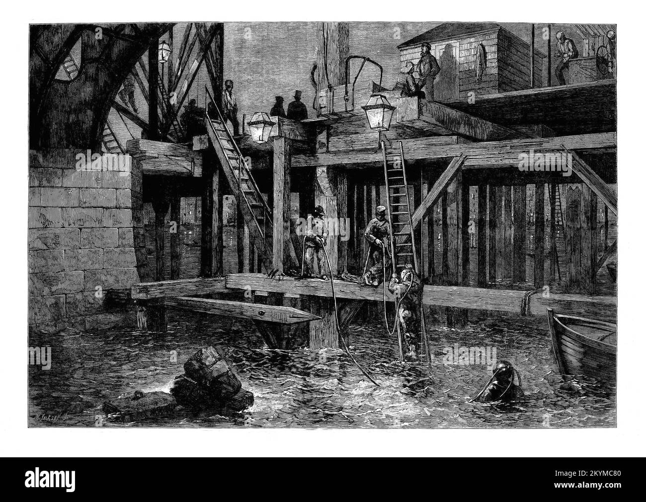 La demolizione del vecchio ponte di Westminster nel 1861, progettata dall'architetto svizzero Charles Labelye e costruita tra il 1739 e il 1750. Fu solo il secondo ponte che attraversò il Tamigi sotto Kingston quando fu aperto. Entro la metà del 19th ° secolo stava cedendo male e costoso da mantenere. L'attuale ponte è stato progettato da Thomas Page e aperto nel 1862. Foto Stock