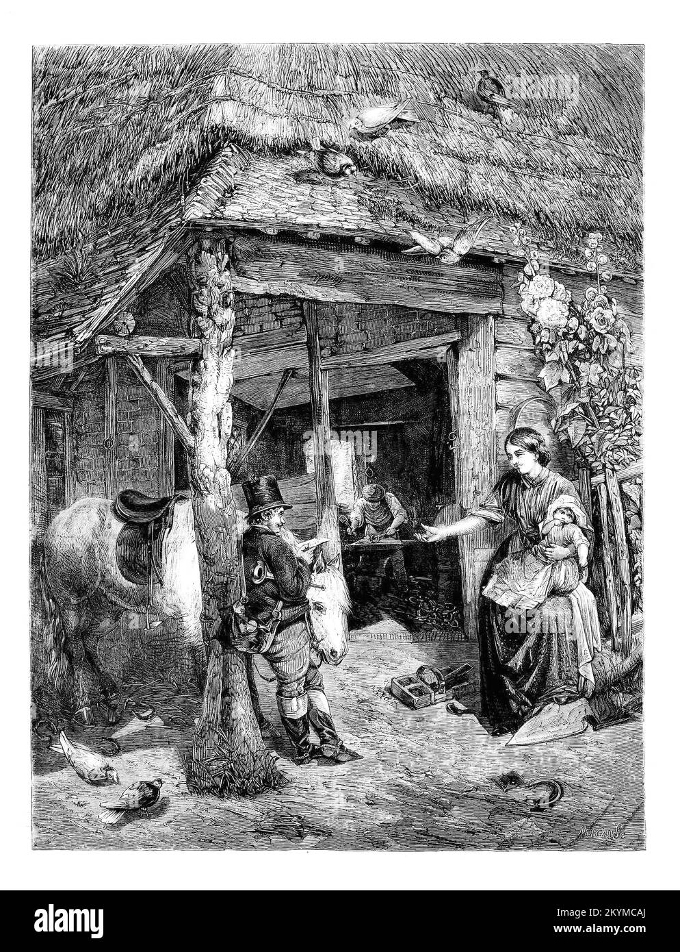 'Il villaggio smithy' di Lewis. I primi fabbri modellarono armature e armi per il calamaro trovarono un lavoro permanente nei castelli della nobiltà, forgiando griglie, cerniere e serrature. Con il tempo il loro lavoro si espanse per soddisfare le esigenze di una società in gran parte agricola, e i primi workshop apparvero nella maggior parte dei villaggi – di solito situati strategicamente al centro di un villaggio a un bivio. Divenne il fulcro del villaggio, i cavalli erano scampi, gli utensili degli artigiani, gli attrezzi agricoli e le necessità domestiche venivano fabbricati e riparati. Era anche un posto popolare per scaldarsi e scambiare pettegolezzi. Foto Stock