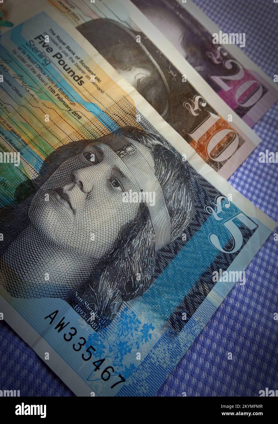Scotland, Scottish Sterling RBS Bank of Scotland banconote, 5, 10, 20 sterline Foto Stock