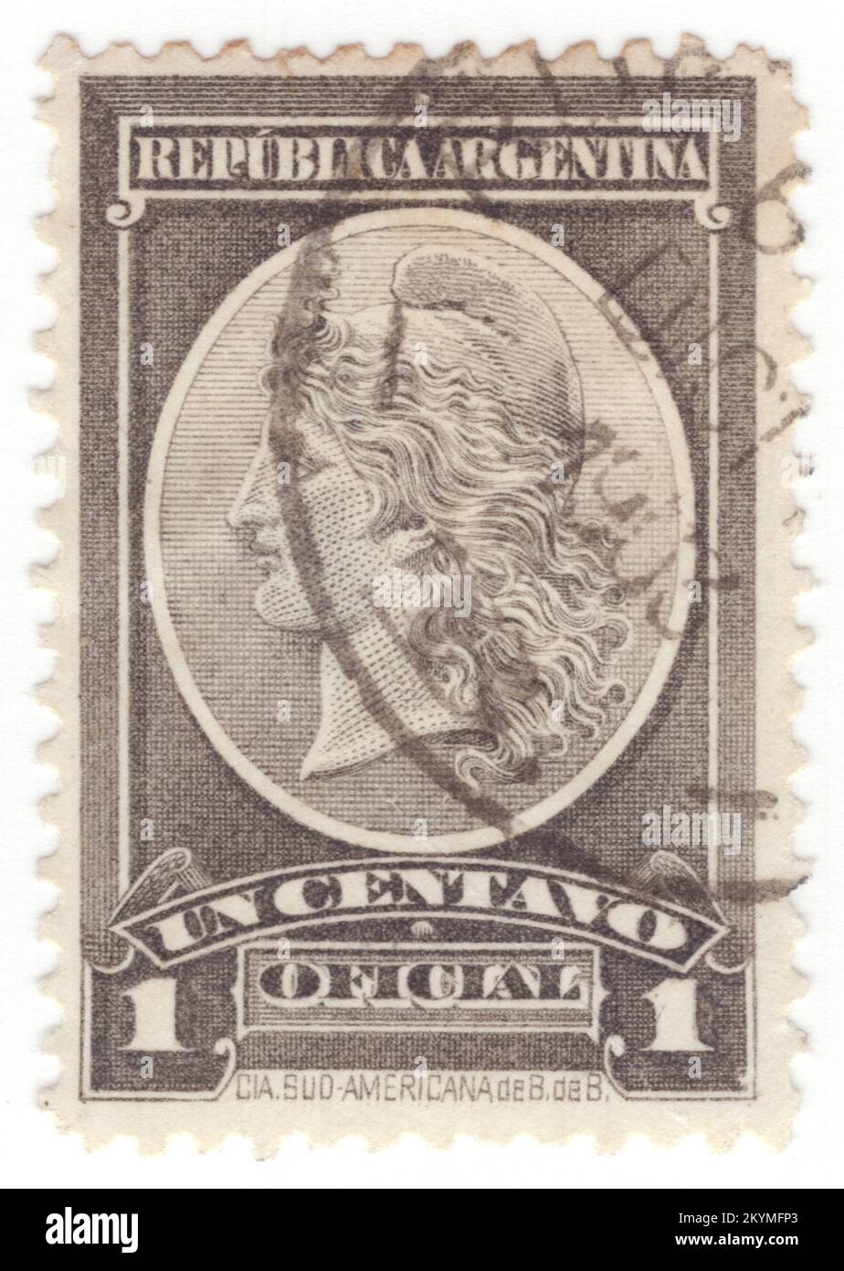 ARGENTINA - 1901 dicembre 1: 1 centavo grigio francobollo ufficiale raffigurante Liberty Head. Libertas è la dea romana e personificazione della libertà. Divenne una figura politicizzata nella tarda Repubblica, apparsa sulle monete a sostegno della fazione populares, e più tardi quelle degli assassini di Giulio Cesare. Tuttavia, a volte compare su monete del periodo imperiale, come le monete "libertà del popolo" di Galba durante il suo breve regno dopo la morte di Nerone. Di solito è raffigurata con due accoutremements: La verga e il morbido pileo, che tiene fuori, piuttosto che usura Foto Stock ARGENTINA - 1901 dicembre 1: 1 centavo grigio francobollo ufficiale raffigurante Liberty Head. Libertas è la dea romana e personificazione della libertà. Divenne una figura politicizzata nella tarda Repubblica, apparsa sulle monete a sostegno della fazione populares, e più tardi quelle degli assassini di Giulio Cesare. Tuttavia, a volte compare su monete del periodo imperiale, come le monete "libertà del popolo" di Galba durante il suo breve regno dopo la morte di Nerone. Di solito è raffigurata con due accoutremements: La verga e il morbido pileo, che tiene fuori, piuttosto che usura Foto Stock
