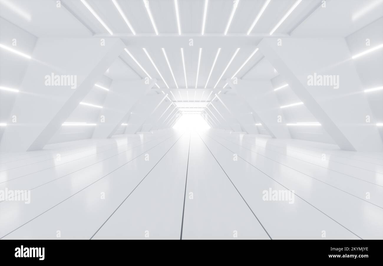 Tunnel astratto bianco con linee al neon incandescenti, rendering 3D. Disegno digitale. Foto Stock