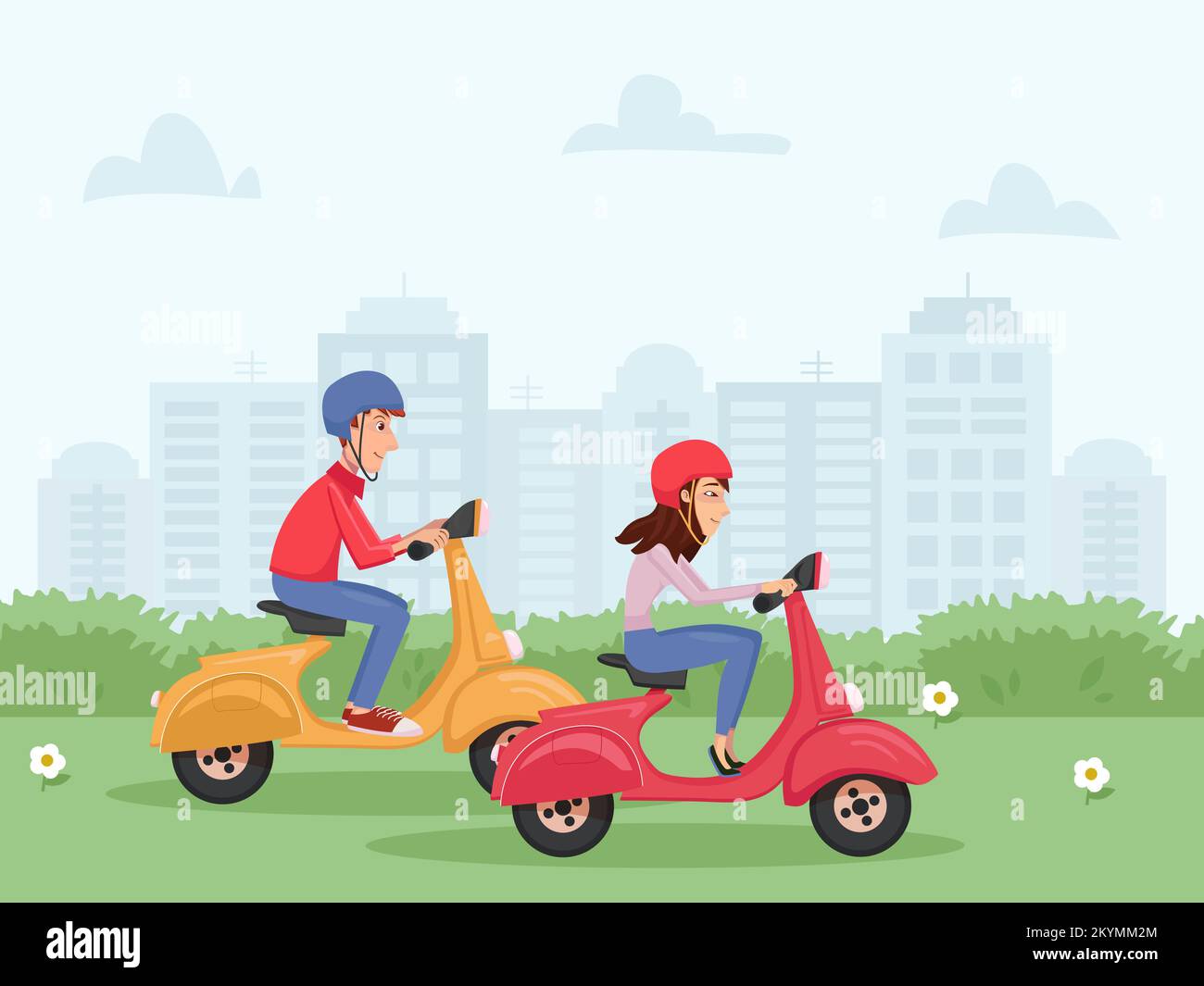 Gente felice della coppia giovane che cavalca gli scooter sullo sfondo del paesaggio urbano. Stile di vita attivo, viaggio. Illustrazione vettoriale in stile cartoon Illustrazione Vettoriale