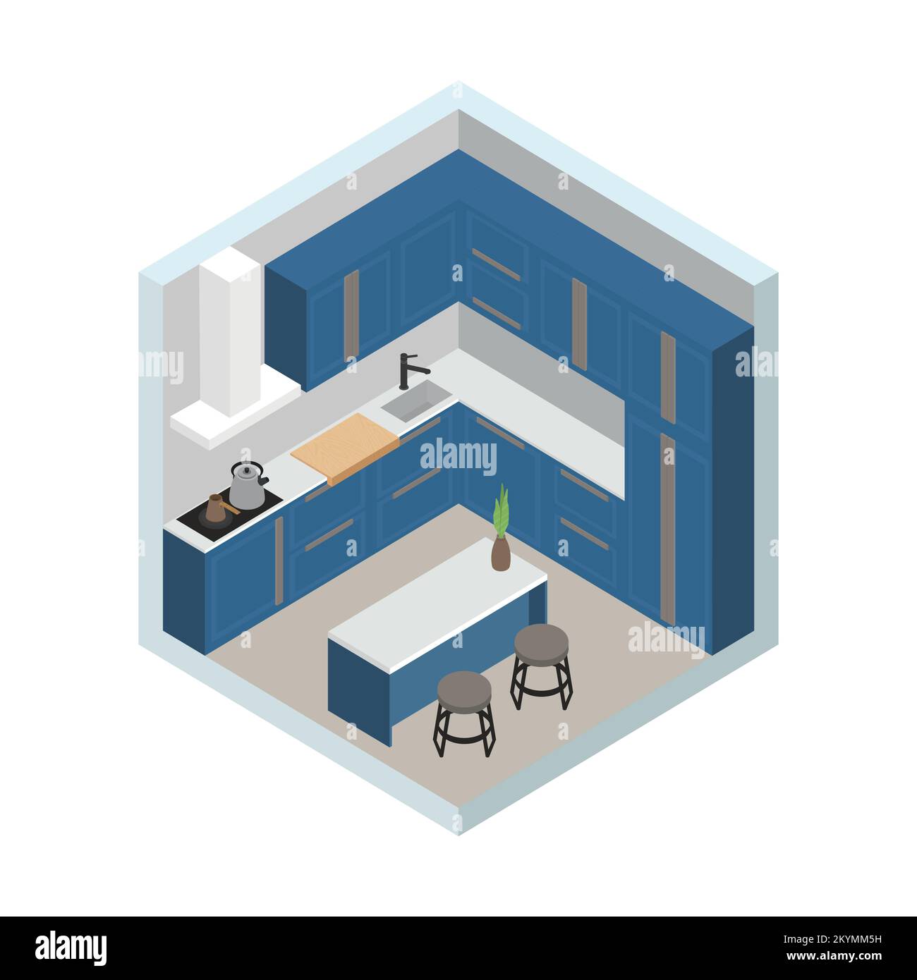Illustrazione vettoriale isometrica, design moderno della cucina con elementi interni, mobili Illustrazione Vettoriale