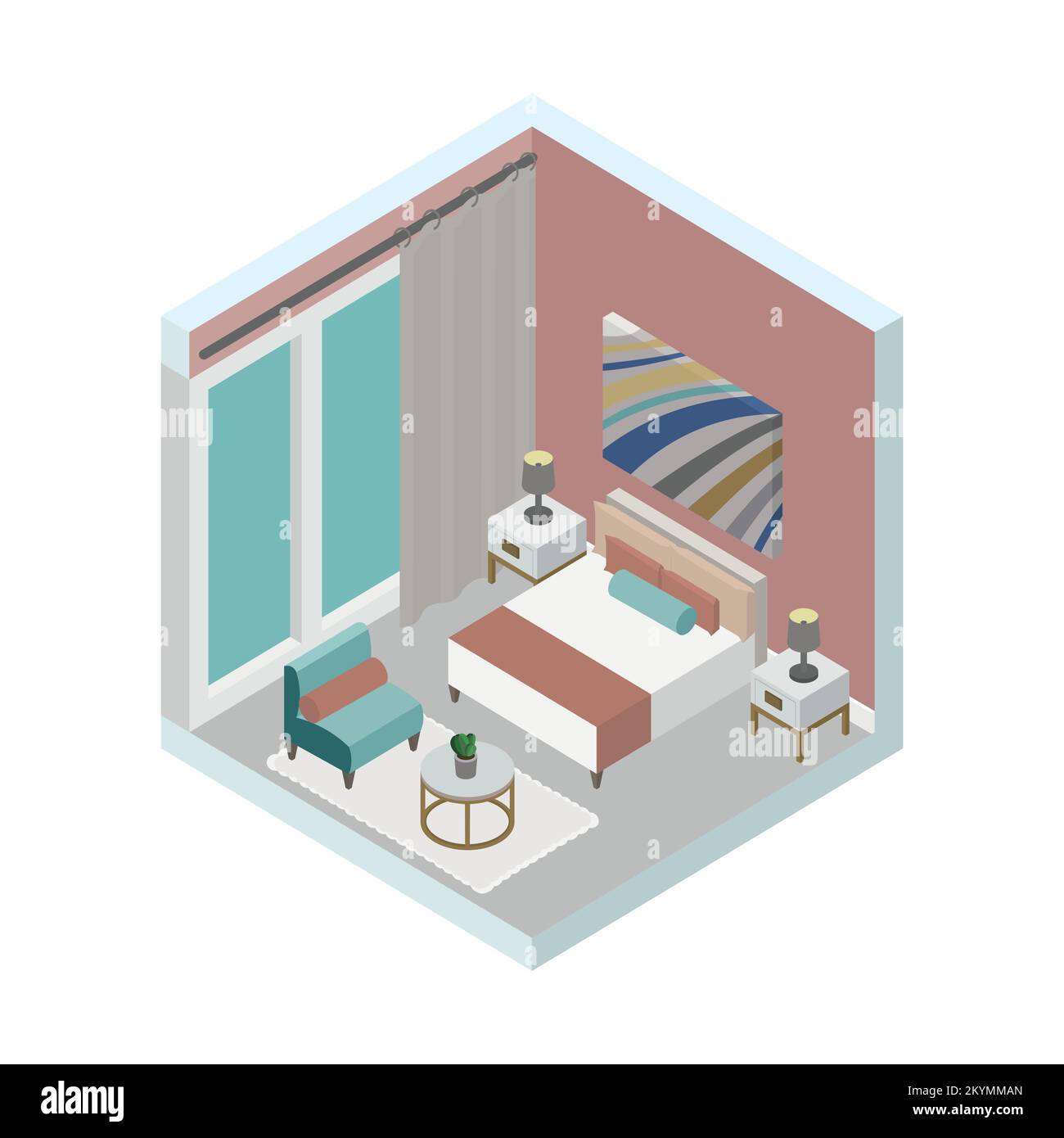 Illustrazione vettoriale isometrica, design moderno della camera da letto con elementi interni, mobili Illustrazione Vettoriale