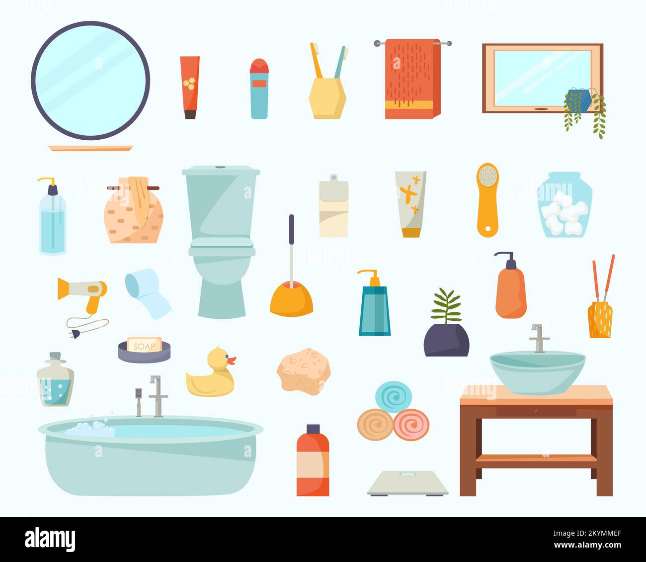 SET di elementi per il bagno. Mobili e accessori per interni bagno Vector Cartoon. Illustrazione Vettoriale