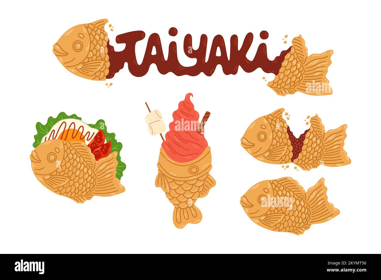 Set da forno giapponese Taiyaki. Torta a forma di pesce con ripieno di fagioli rossi. Cibo di strada giapponese. Illustrazione del vettore cartoon. Illustrazione Vettoriale