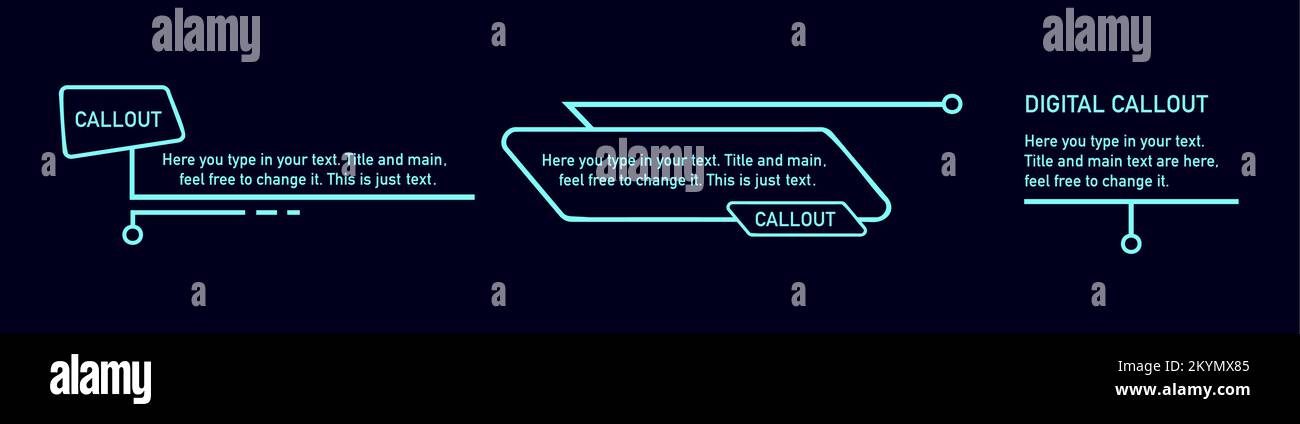 Titoli futuristici. Riquadri informativi, etichette informative digitali, banner descrittivo moderno. Illustrazione Vettoriale