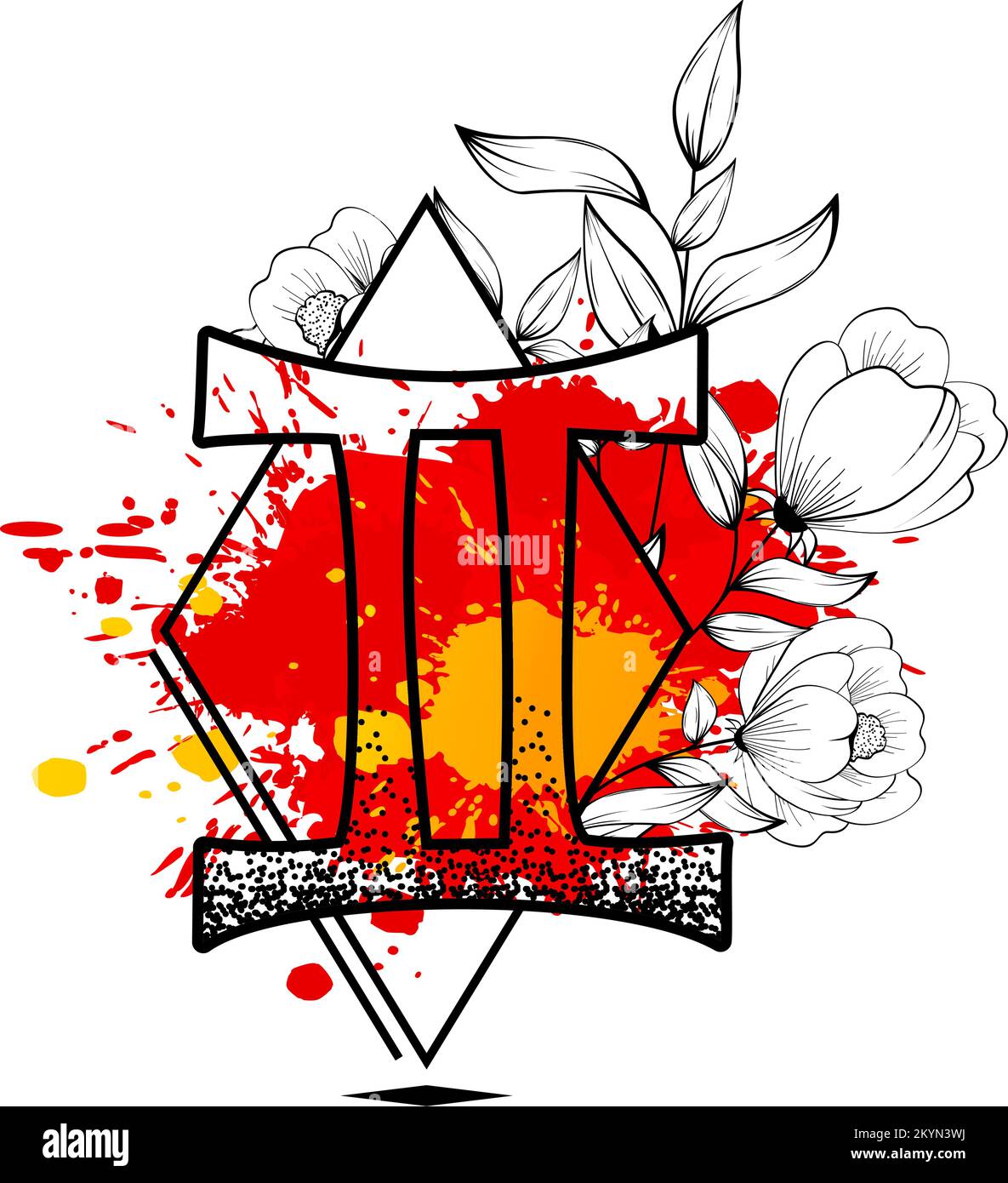 gemini zodiaco simbolo tatuaggio acquerello splatter fiori linee illustrazione in formato vettoriale Illustrazione Vettoriale