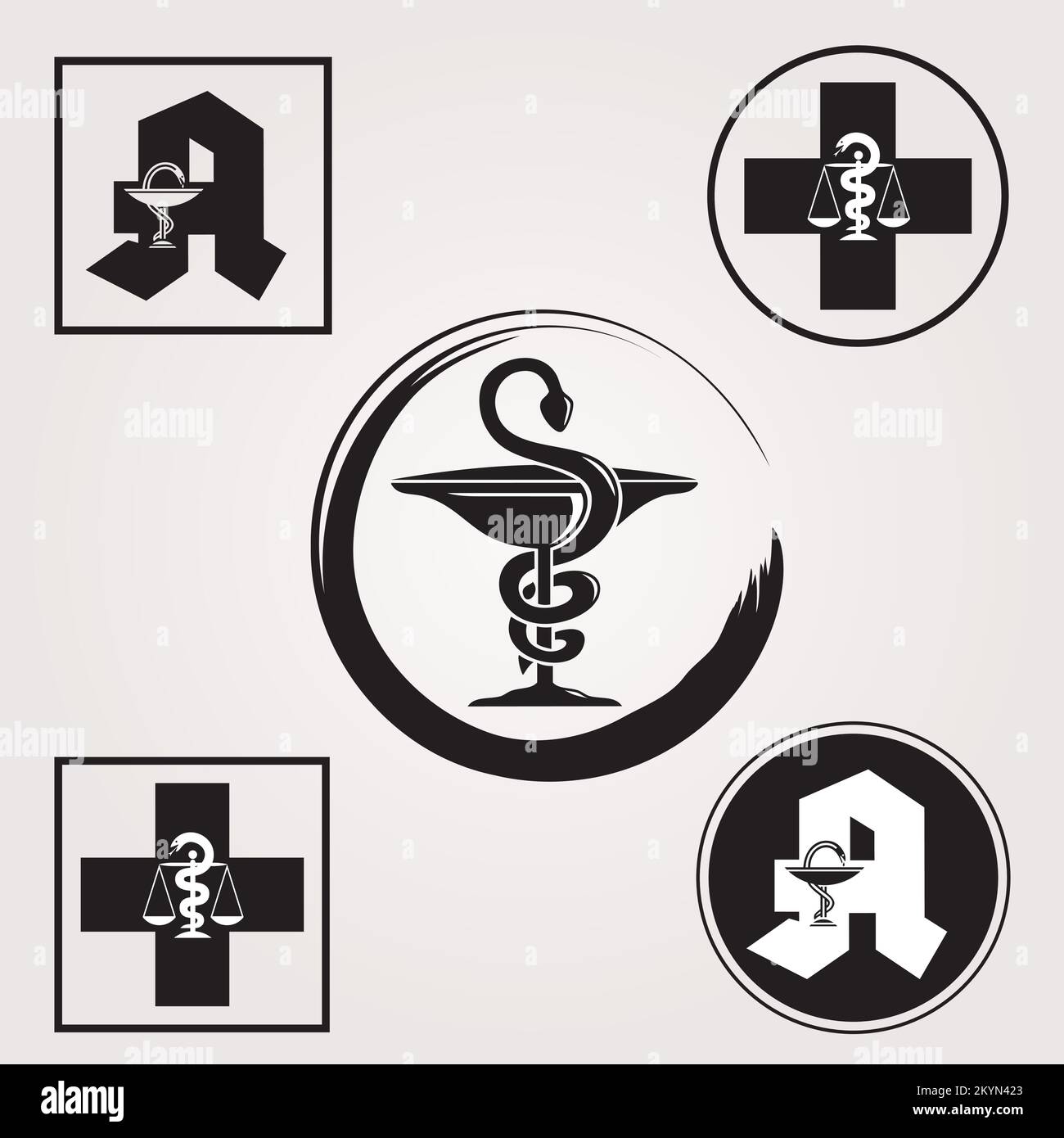 Set di icone per farmacia con simbolo Caduceo, lettera A e simbolo della croce svizzera in bianco e nero Illustrazione Vettoriale