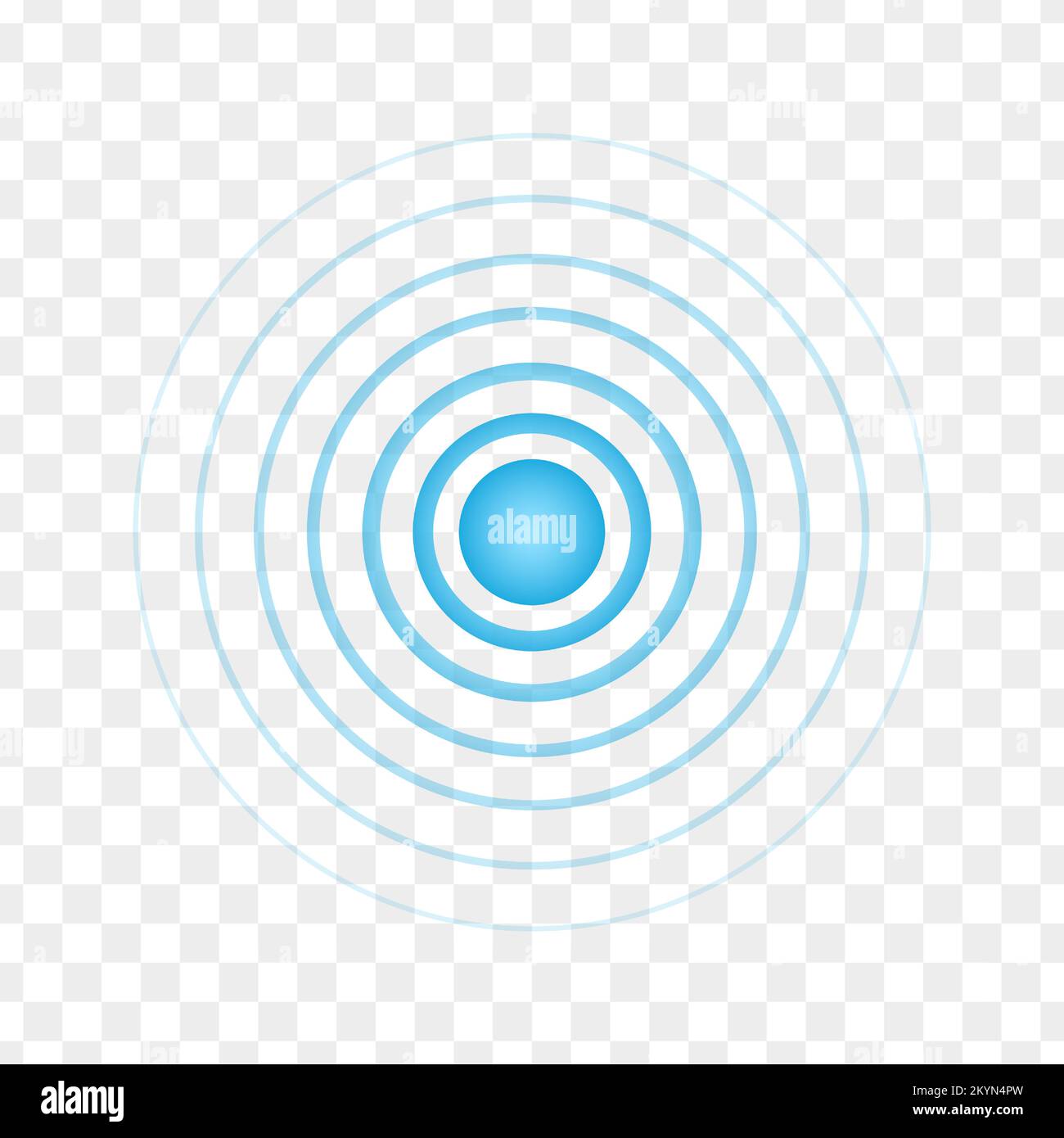 Punto blu con cerchi concentrici. Segnale radar, segnale acustico o segnale acustico su sfondo trasparente. Simbolo di mira, bersaglio, guarigione, ferita, dolore. Icona di localizzazione rotonda. Illustrazione vettoriale Illustrazione Vettoriale