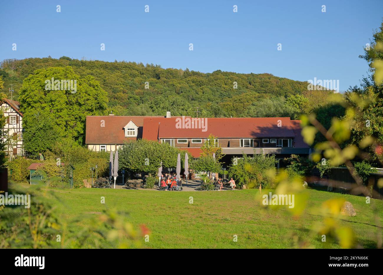 Dammühle, Biergarten und Restaurant, Marburger Bergland, Hessen, Deutschland Foto Stock