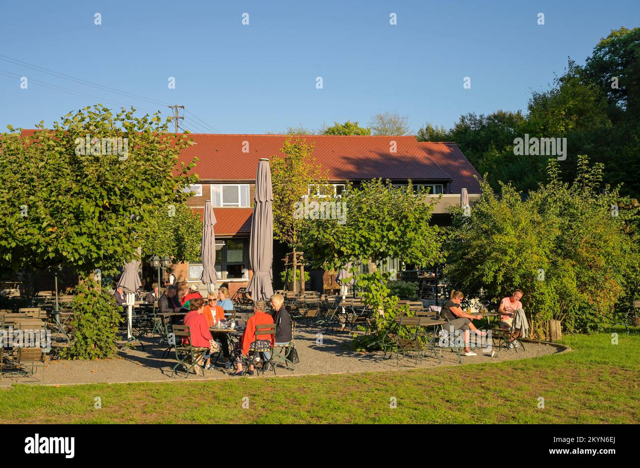 Dammühle, Biergarten und Restaurant, Marburger Bergland, Hessen, Deutschland Foto Stock