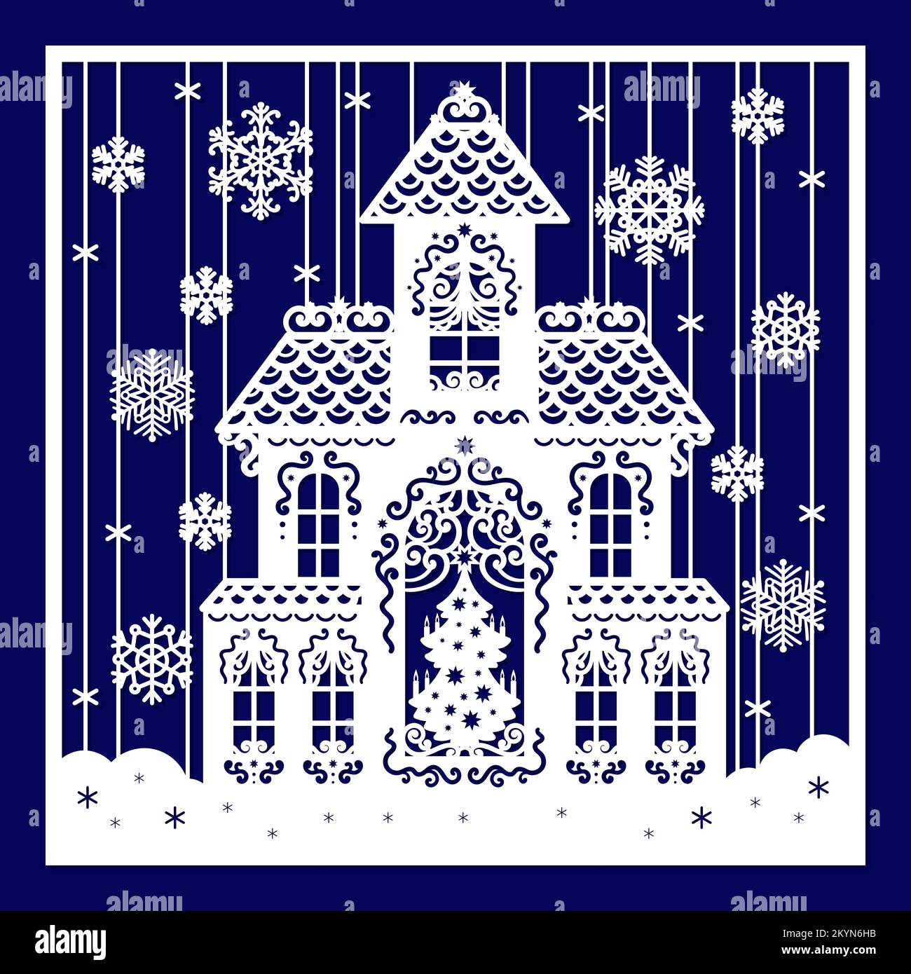 Casa invernale con fiocchi di neve. Dima per taglio laser. Vettore Illustrazione Vettoriale