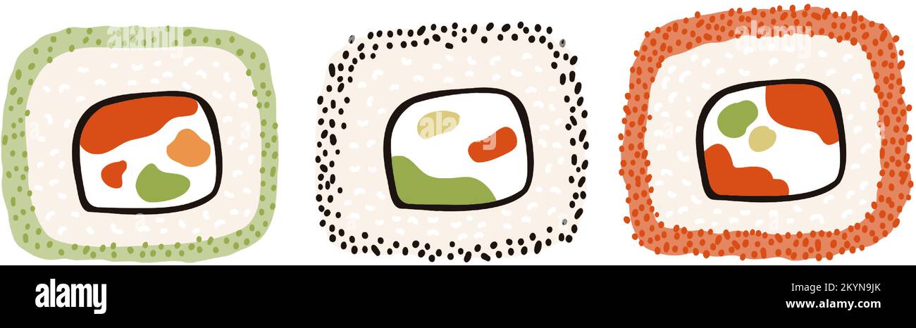 Sushi uramaki in stile cartoon piatto. Cucina tradizionale giapponese disegnata a mano. Illustrazione Vettoriale