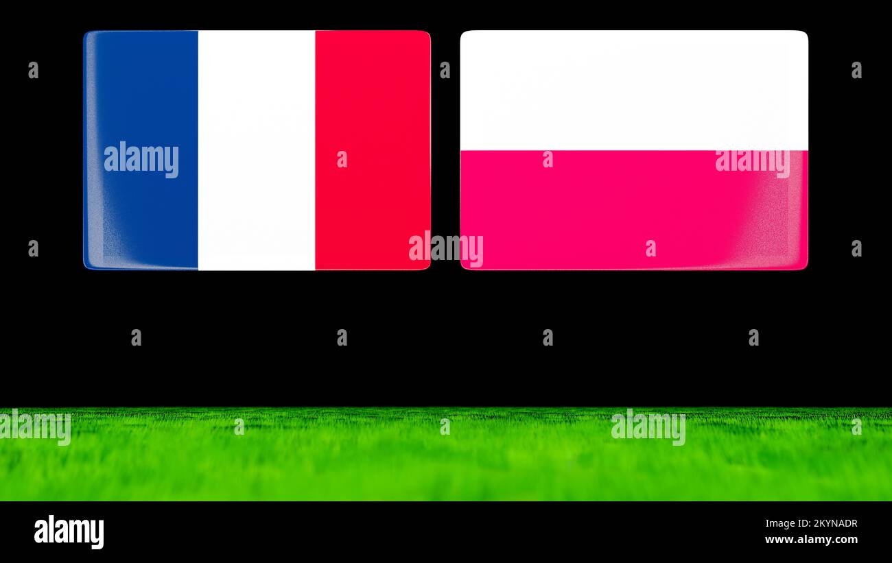 Bandiere nazionali di Francia e Polonia come carte lucide che galleggiano su un campo verde. rendering 3d Foto Stock