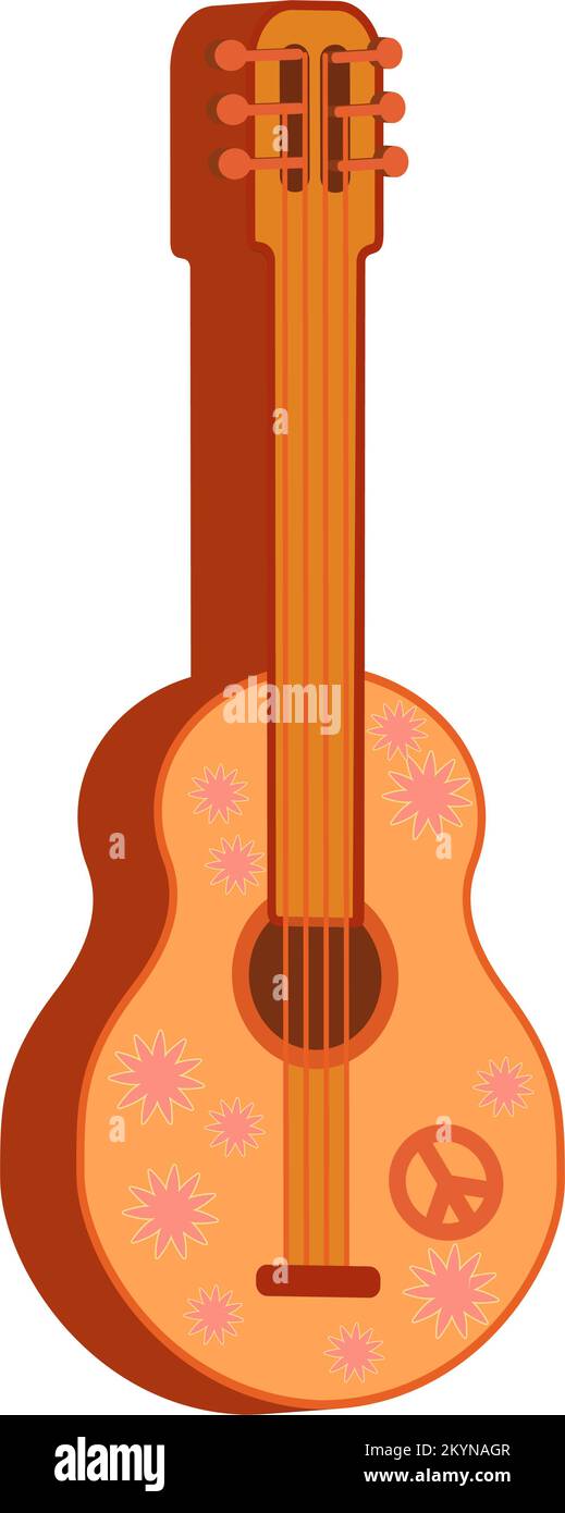 Groovy musica chitarra retro con fiori stile Hippie Vintage art design Cartoon Vector illustrazione su sfondo bianco Illustrazione Vettoriale