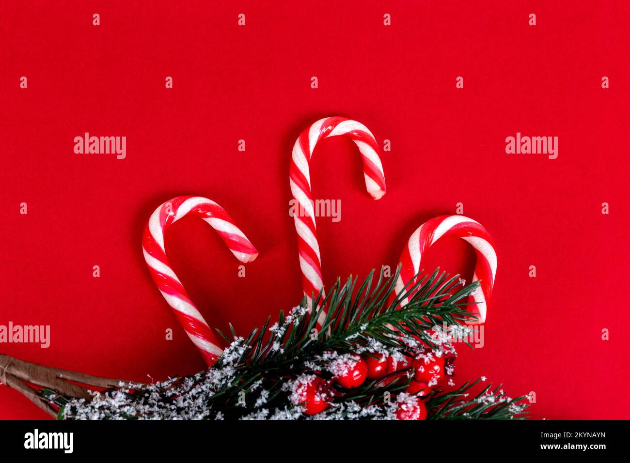Canna da zucchero con albero di natale su sfondo rosso vista dall'alto con spazio copia Foto Stock