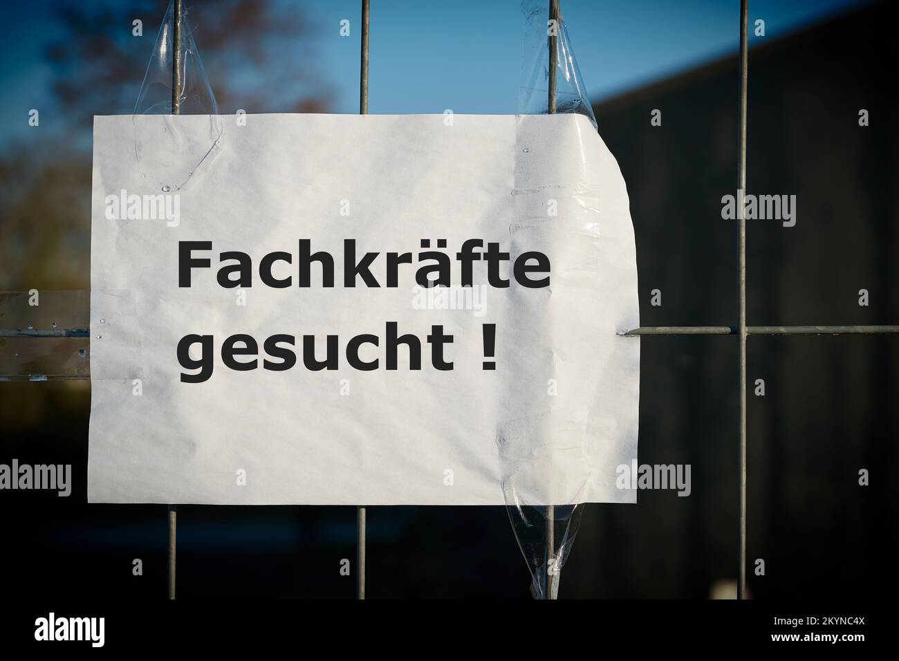 Avviso sulla recinzione di un'azienda in Germania con l'iscrizione Fachkrafte gesucht. Traduzione del testo: Richiesto dai professionisti Foto Stock